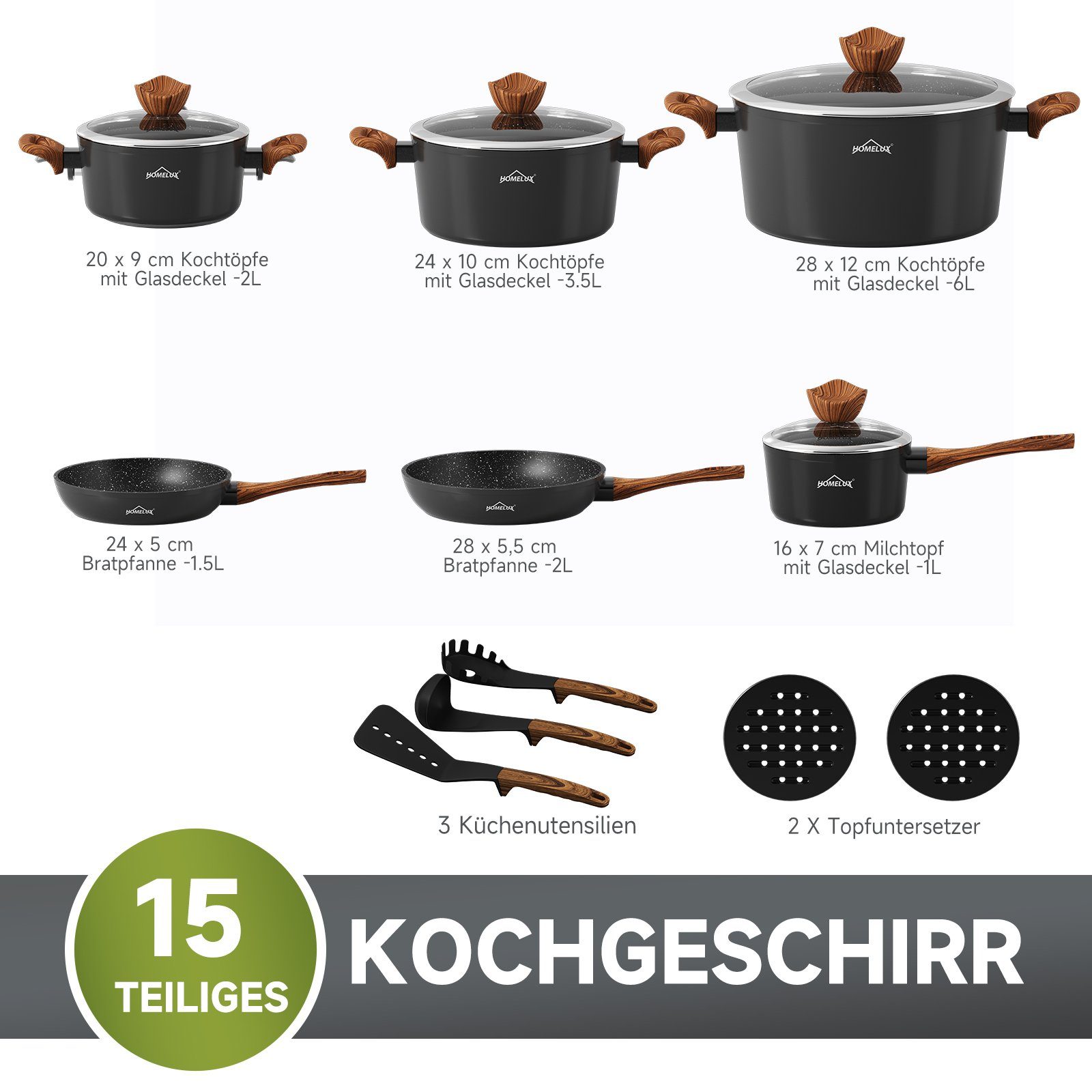 HOMELUX Topf-Set 15tlg Induktions Töpfe Set, Aluminiumguss Kochtopfset mit Deckel, Aluminium (15-tlg., Topfset/Pfannensets), induktionsgeeignet