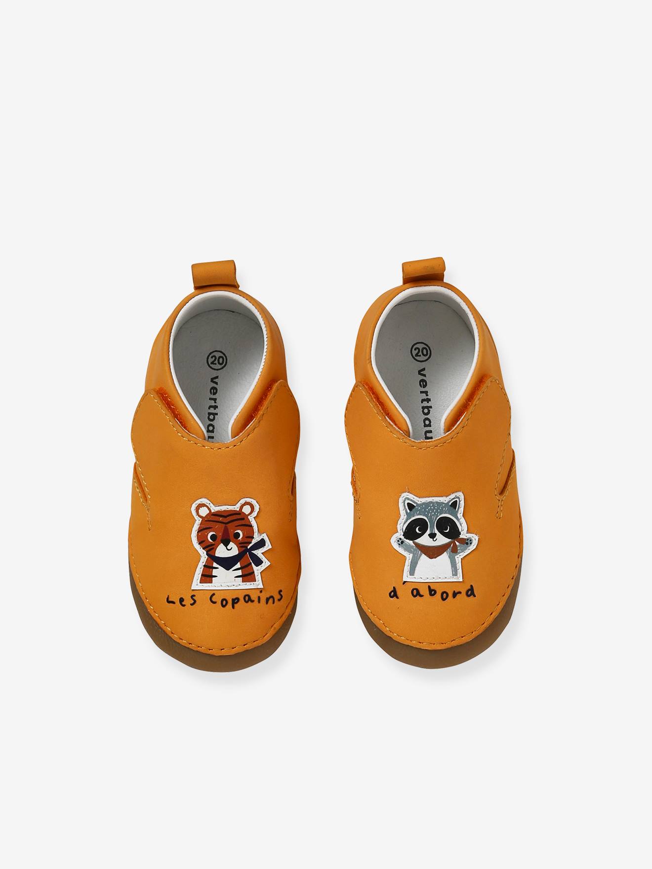 Chaussons scratché bébé en cuir souple jaune