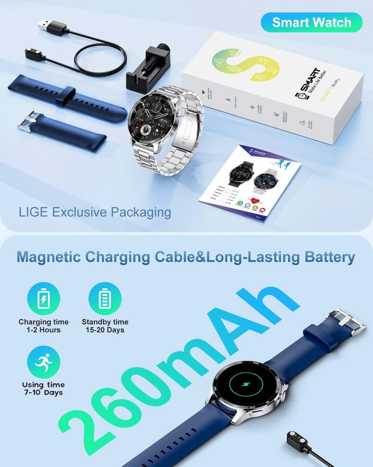 Lige Smartwatch (1,32 Zoll, Android iOS), für Herren mit Bluetooth Telefonfunktion Fitness Tracker Sportuhr