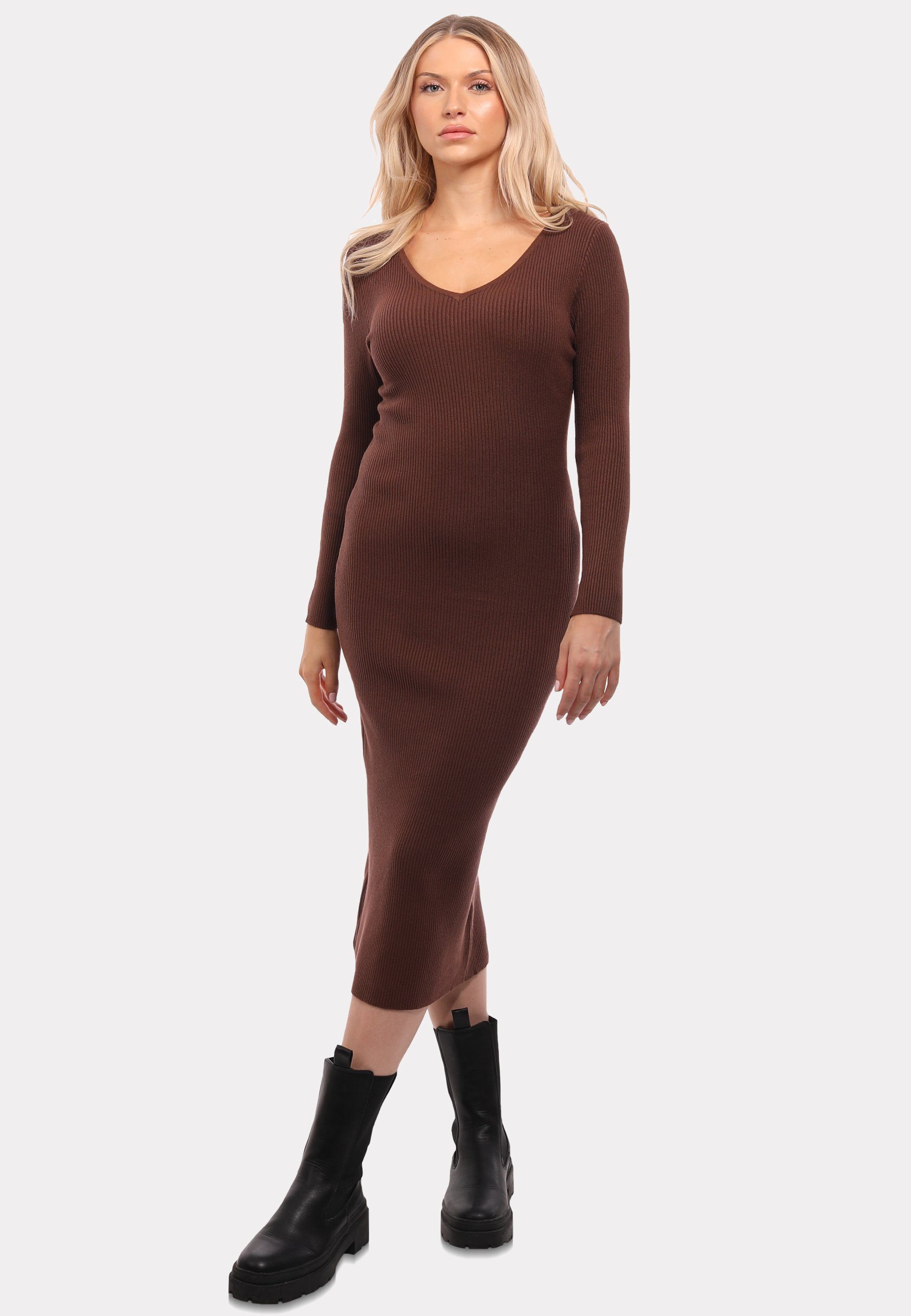YC Fashion & Style Strickkleid Strickkleid mit V-Ausschnitt KNIT DRESS (Kein Set, 1 -tlg) Langarm, in Unifarbe, mit V-Ausschnitt
