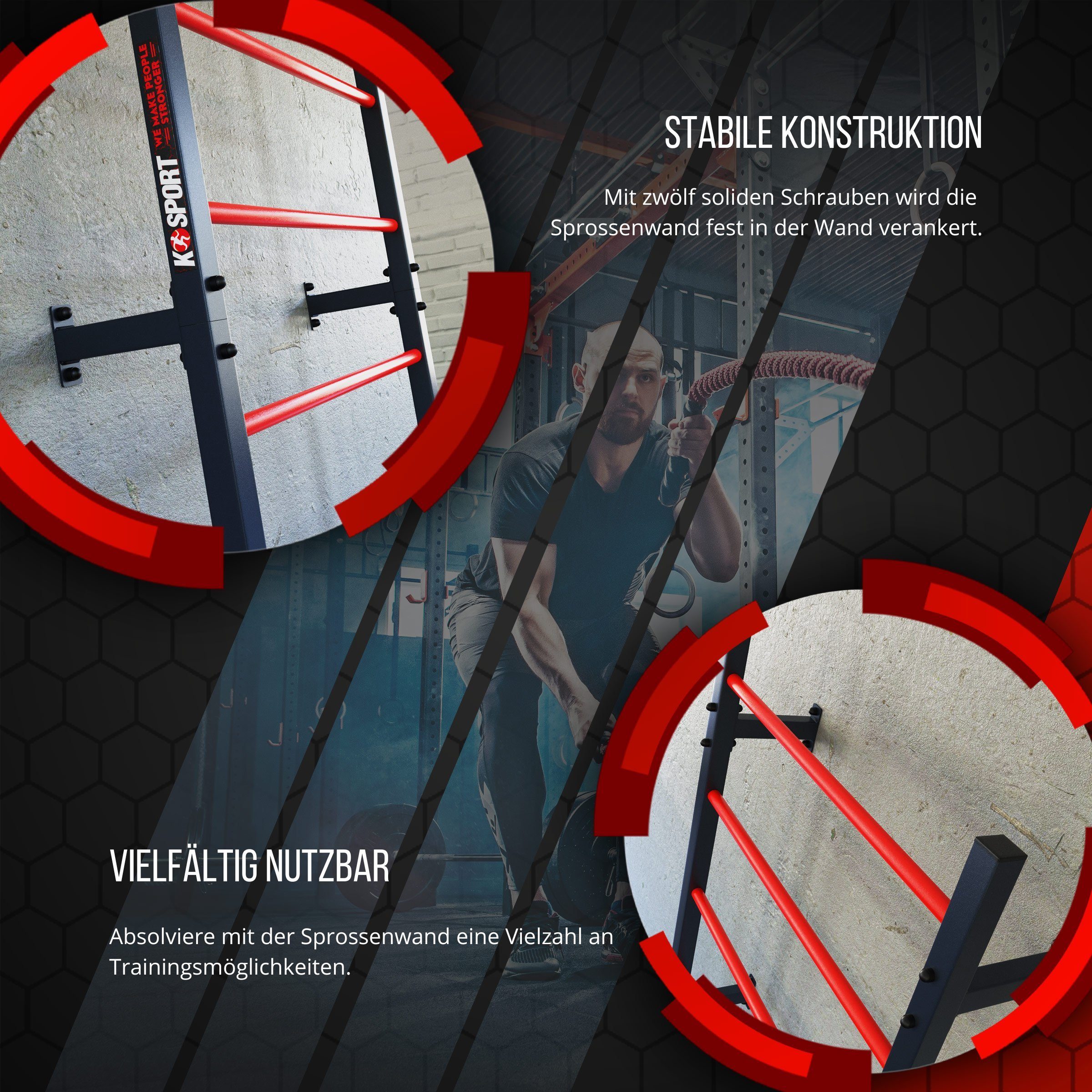 K-SPORT Kraftstation Sprossenwand mit 8 Sprossen, (Kletterwand zur Wandmontage, Hangelleiter zur Deckenmontage), Made in EU!
