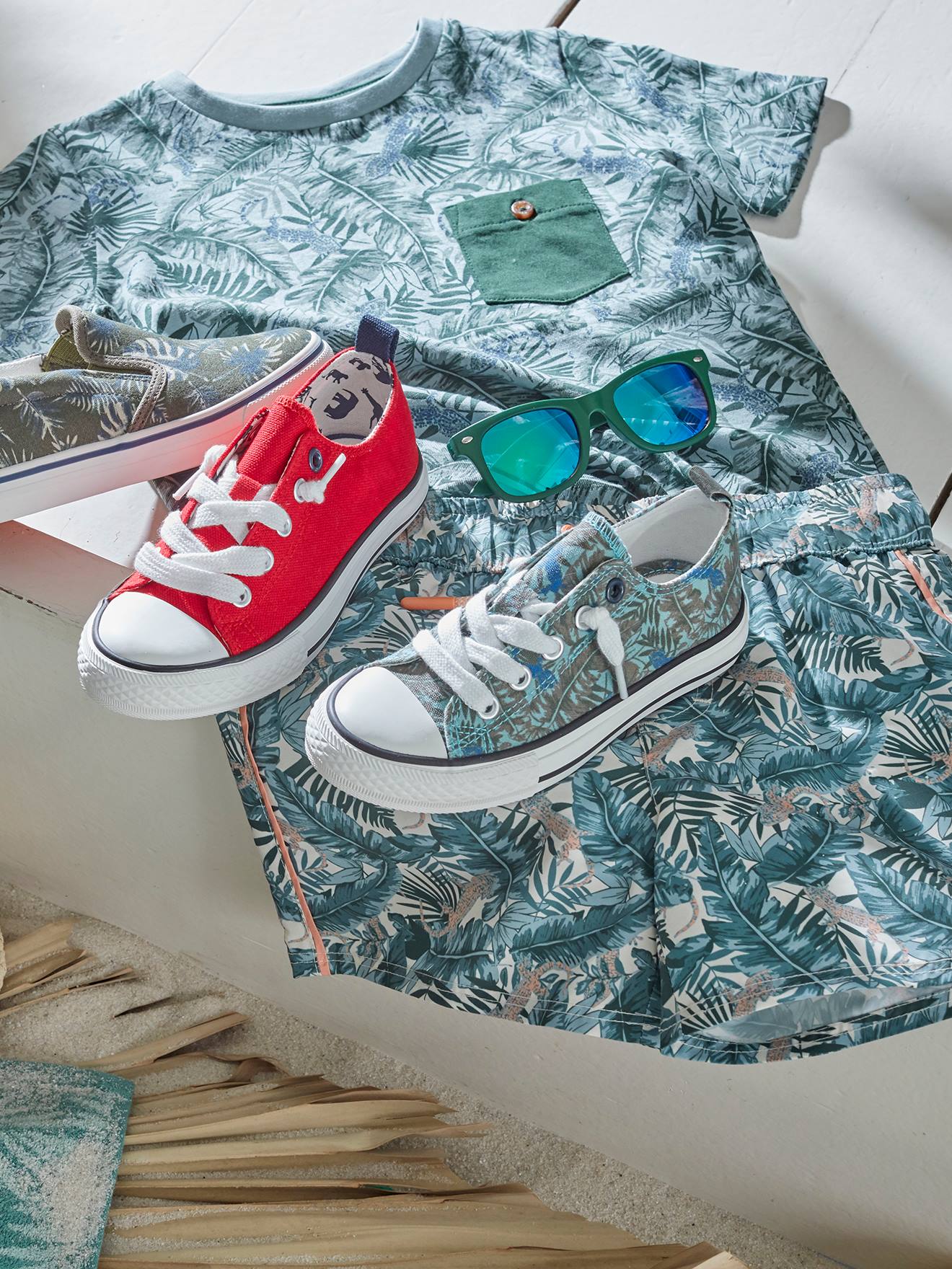 Vertbaudet Jungen Stoff-Sneakers mit Gummizug - grün bedruckt/tropical