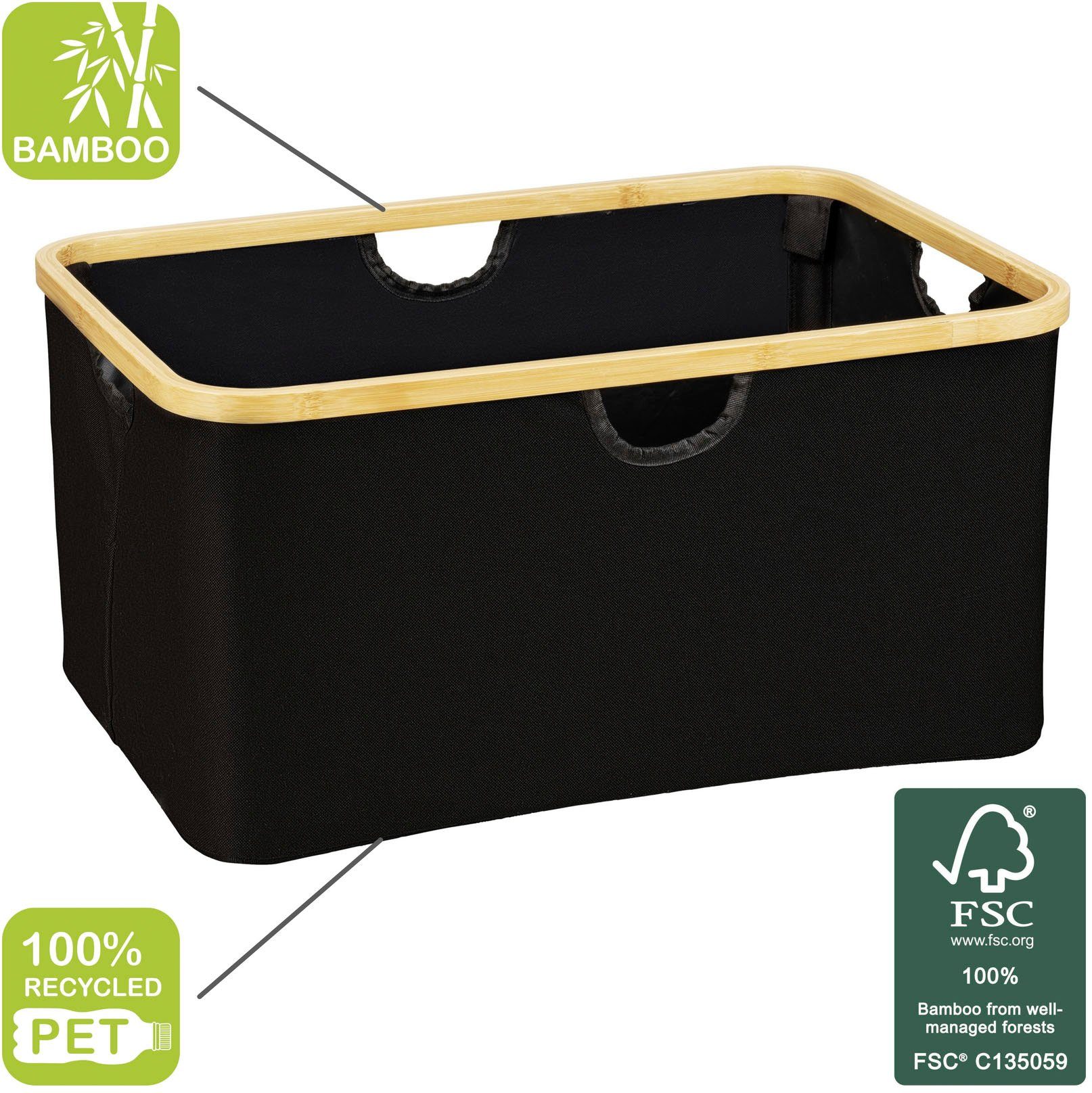 WENKO Wäschekorb Ecori (1 St), Textilien 100%recyceltem Polyester, Rahmen FSC®-zertifiziertem Bambus
