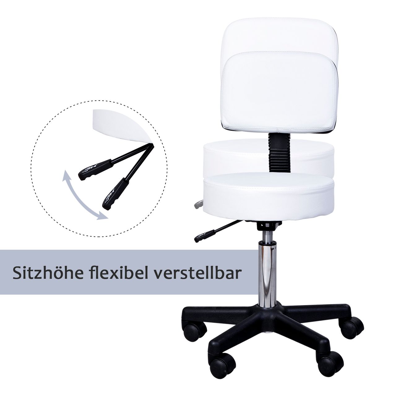 HOMCOM Arbeitshocker Rollhocker Drehstuhl höhenverstellbar mit Lehne Büro Weiß