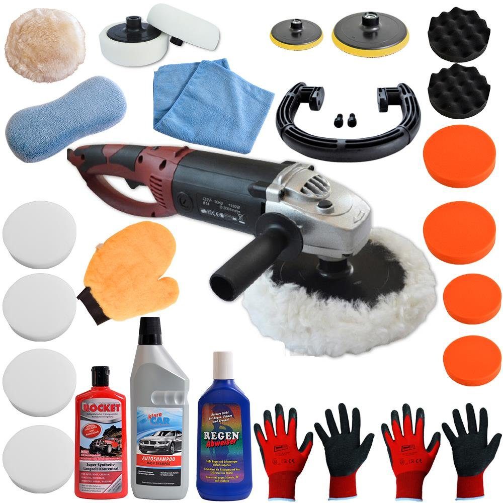 PROMAFIT Rotationspoliermaschine Poliermaschine 1500W (Set 4), 3000 max. U/min, (Set, 4), ohne Akku und Ladegerät, Poliermaschine für Rechts- und Linkshänder