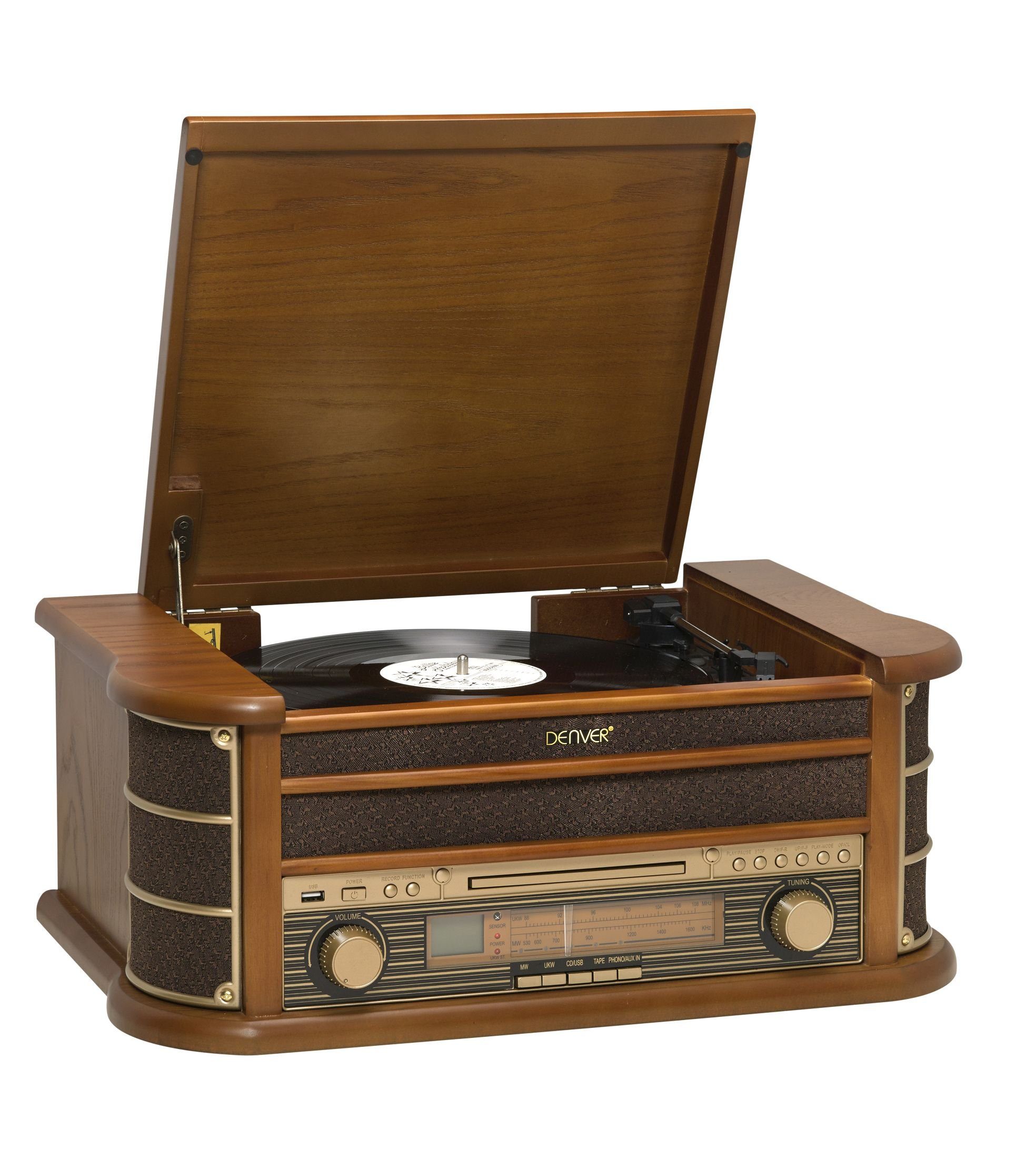 Denver MCR-50MK2 Retro Plattenspieler aus Holz mit Radio Kassette Soundbox Radioplattenspieler (Riemenantrieb, CD Player mit MP3 Wiedergabe, USB für MP3 Wiedergabe und Aufnahme, Kassettendeck auf der Seite des Geräts, AM/FM Radio mit Antenne, LCD Dis