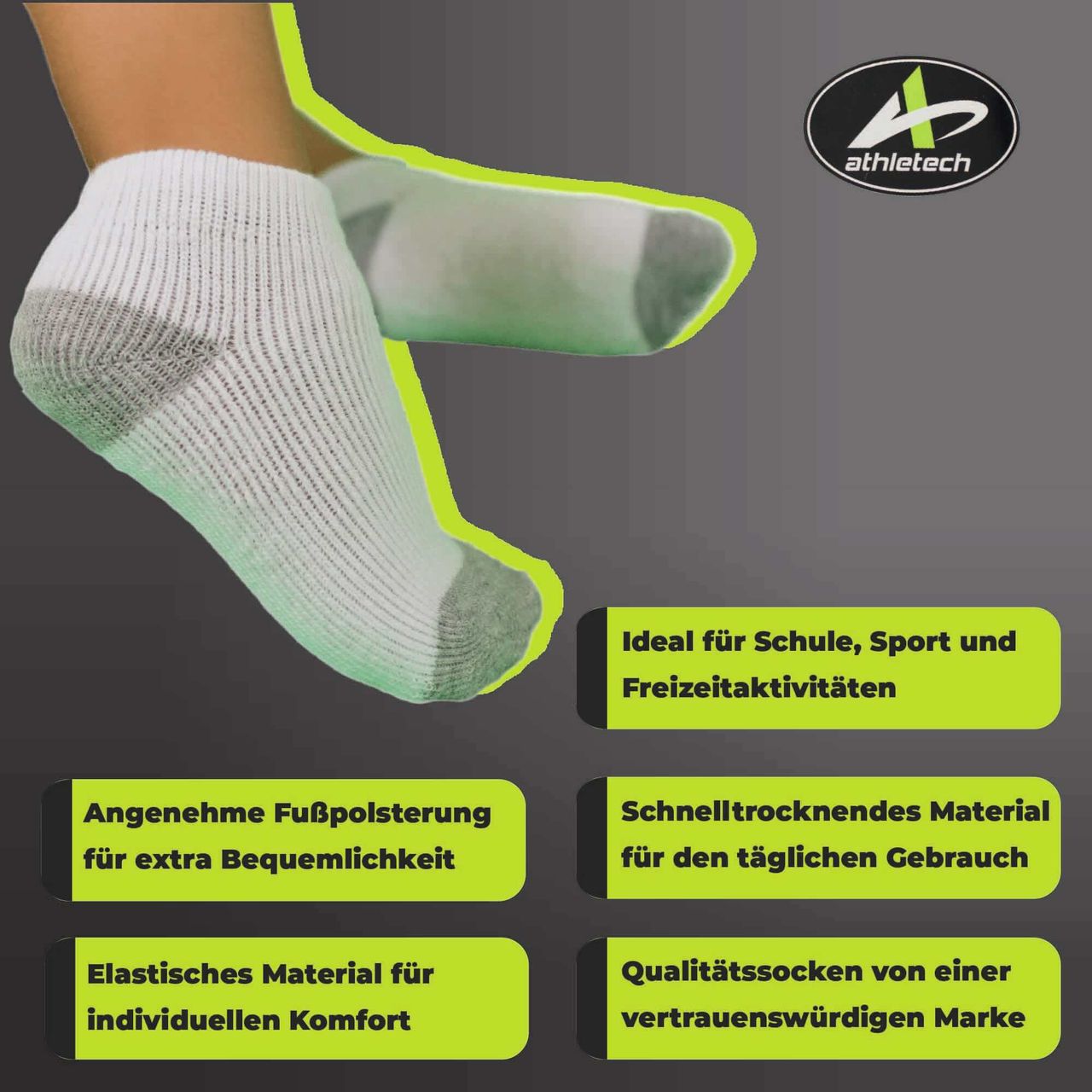 Athletech 6 Paar Low-Cut-Sportsocken für Kinder 3-5 Jahre bis Gr. 34 grau weiß