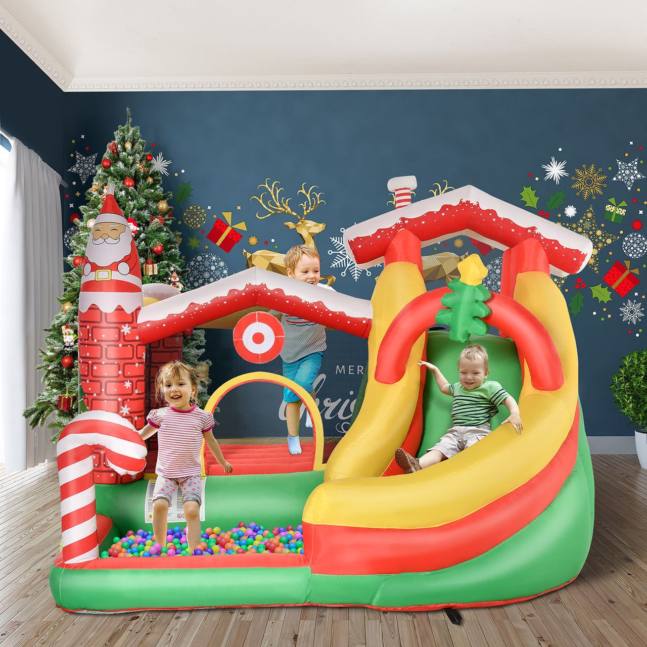 Outsunny Weihnachten Aufblasbare Hüpfburg mit Rutsche Ballgrube für 3 Kinder Springburg mit Gebläse für 3-8 Jahre Innenbereich Kindergarten Oxford-Gewebe Polyester Rot Grün Weiß 290 x 280 x 220 cm