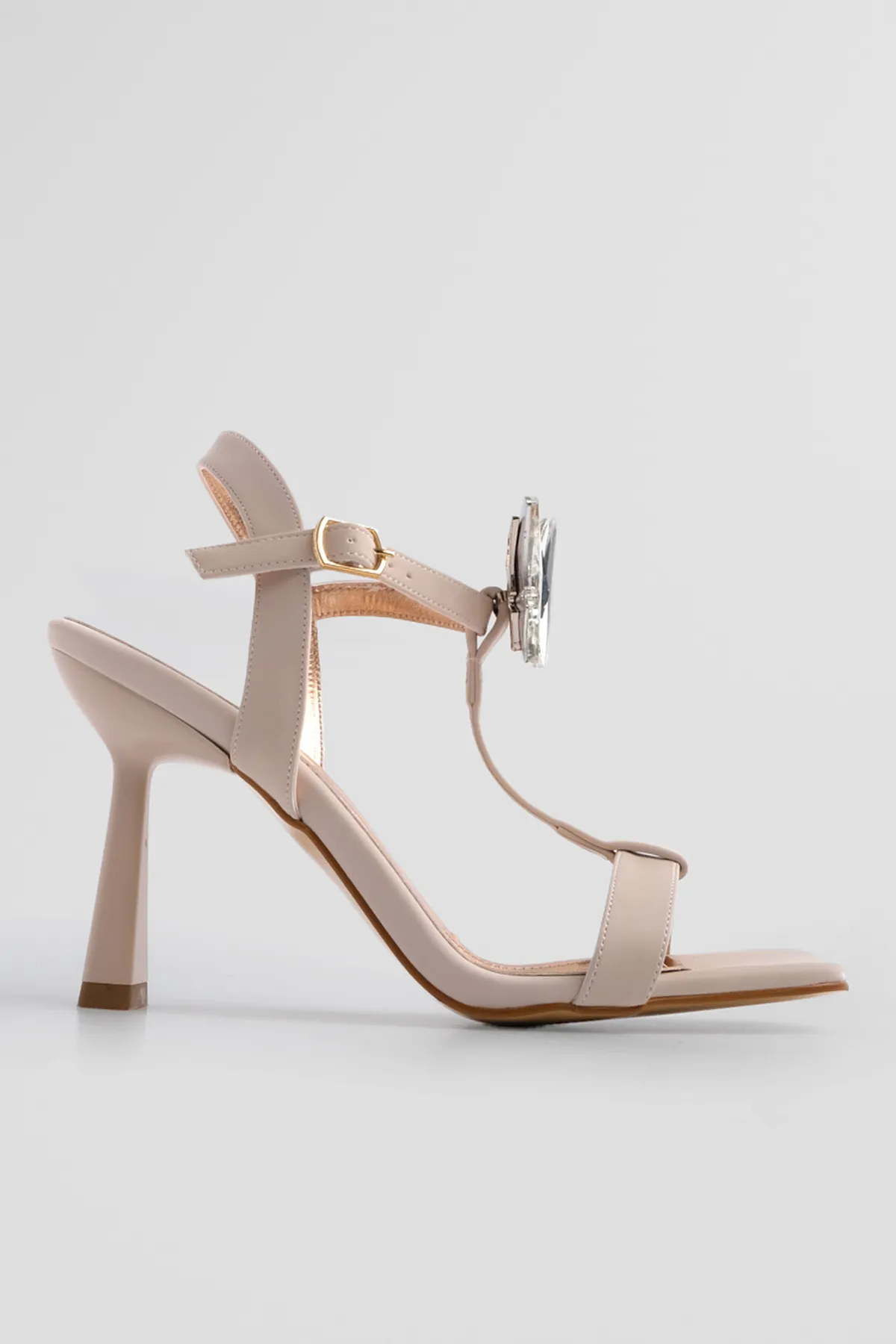 Marjin  Damen Pumps mit stumpfer Spitze und Knöchelriemen, mit Steinen besetzt, Abendkleid, Absatz, Neros, Beige