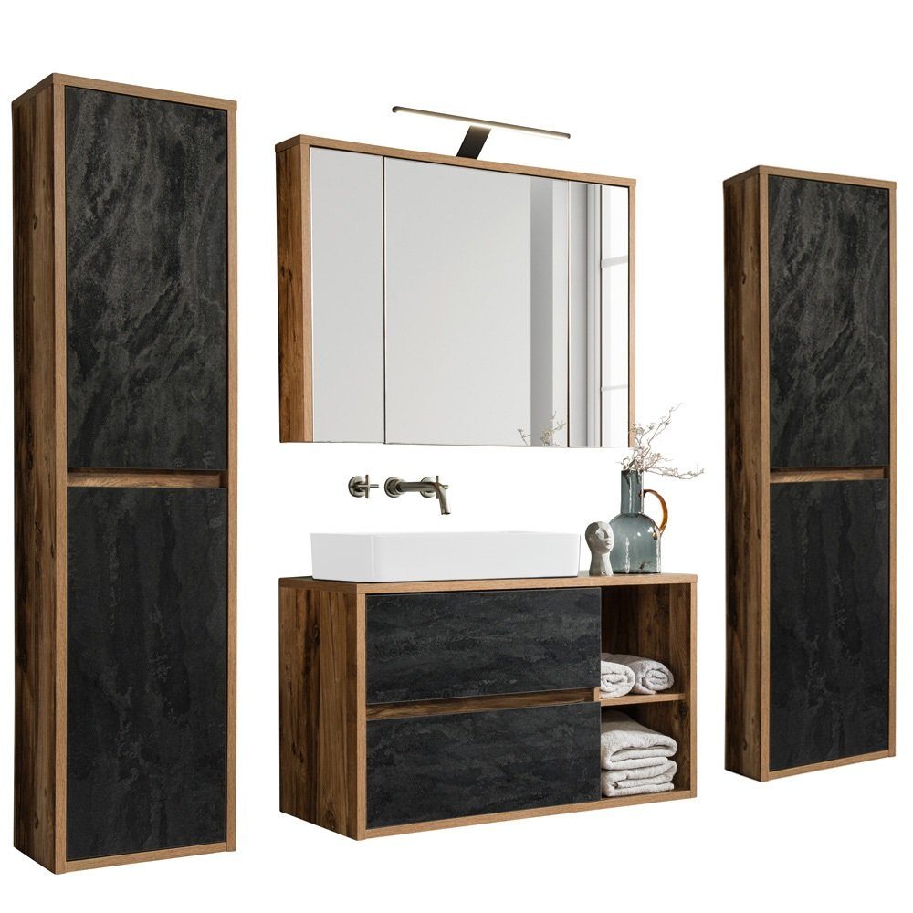 Lomadox Spiegelschrank HARLOW-56 Badezimmer- mit Beleuchtung 100 cm breit Eiche Dekor, 100/75-80/16