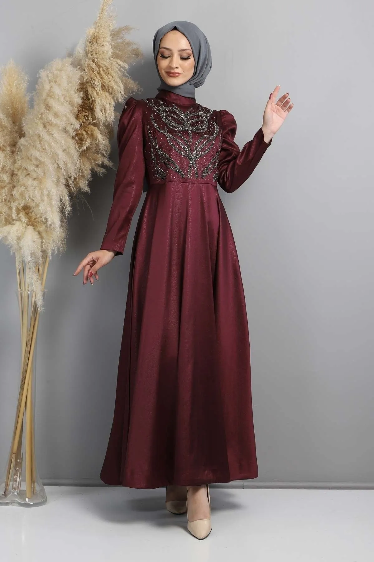 Modamihram  Stoned Burnt gemustertes Abendkleid Pflaume