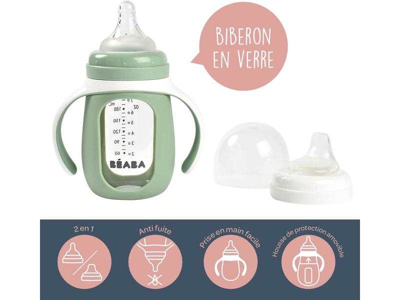 Biberon d'apprentissage en verre 2 en 1 - 210 ml vert sauge