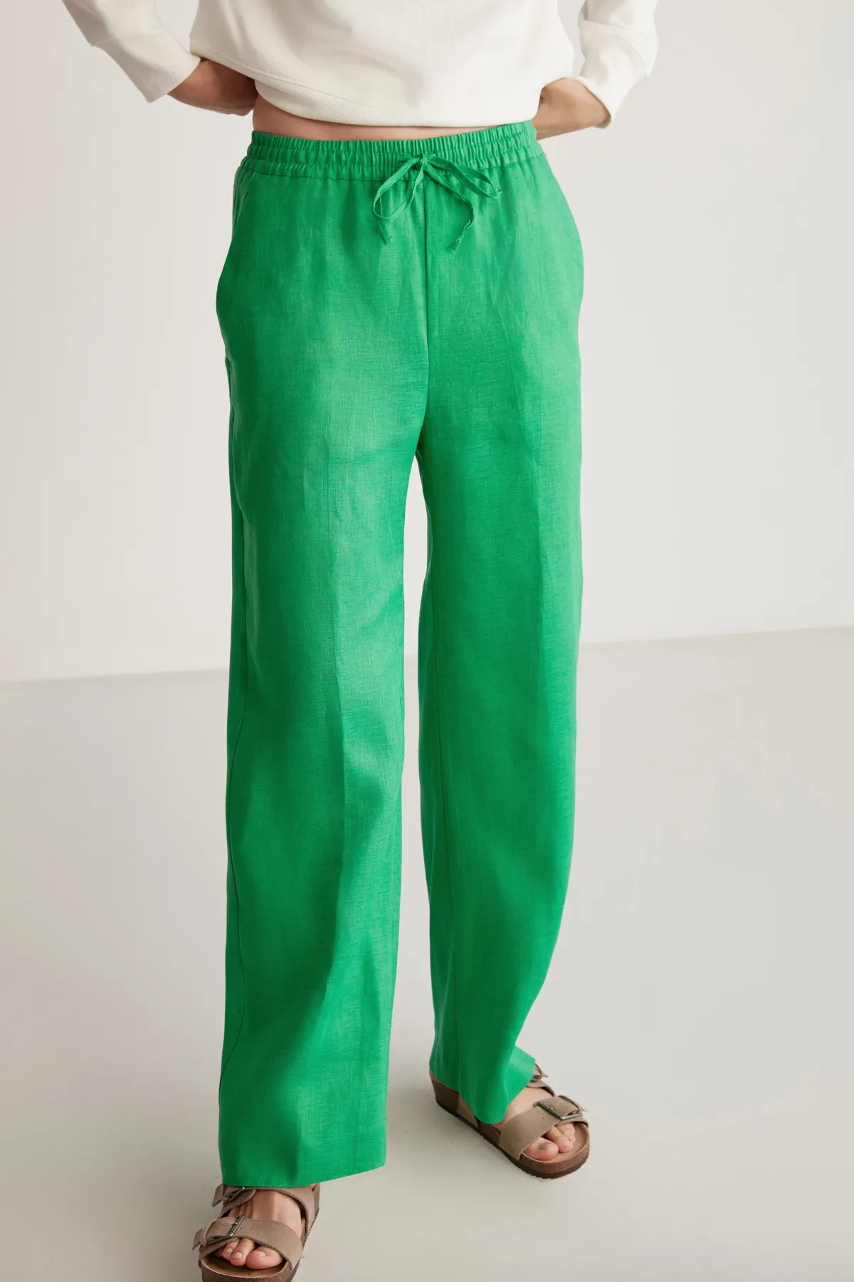 GRIMELANGE  Sadıe Damen-Hose aus 100 % Leinen, entspanntes Muster, grün, mit elastischem Bund