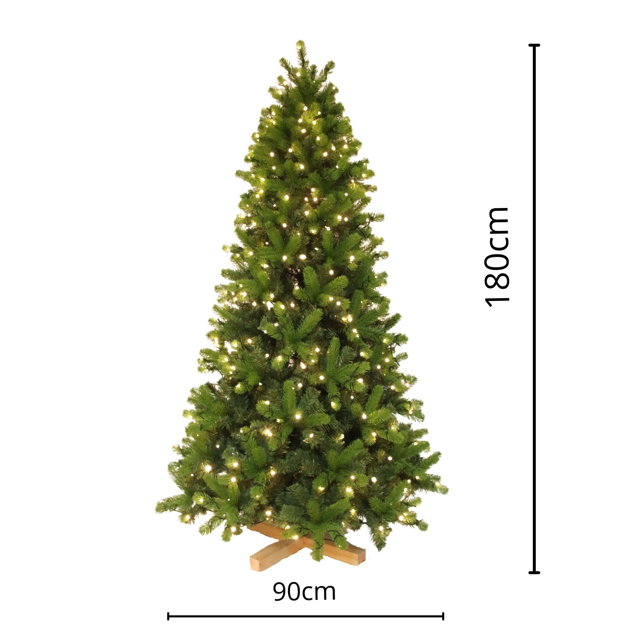 TAB Künstlicher Weihnachtsbaum PE Tannenbaum mit Holzständer Weihnachtsbaum Christbaum, Höhe 180 cm, Mit 1000 PE+PVC Spitzen, 400 warme LED-Lichter und 8 Lichtmodi