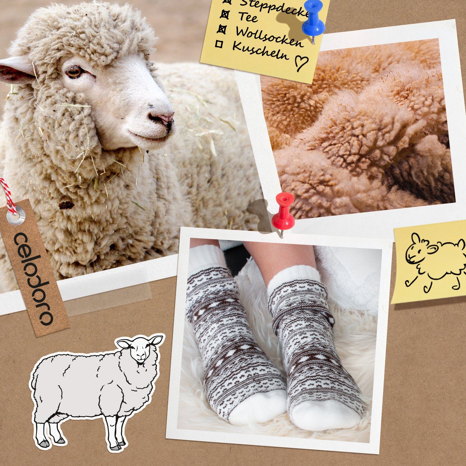 celodoro Thermosocken Damen & Herren Frottee-Wollsocken mit Muster