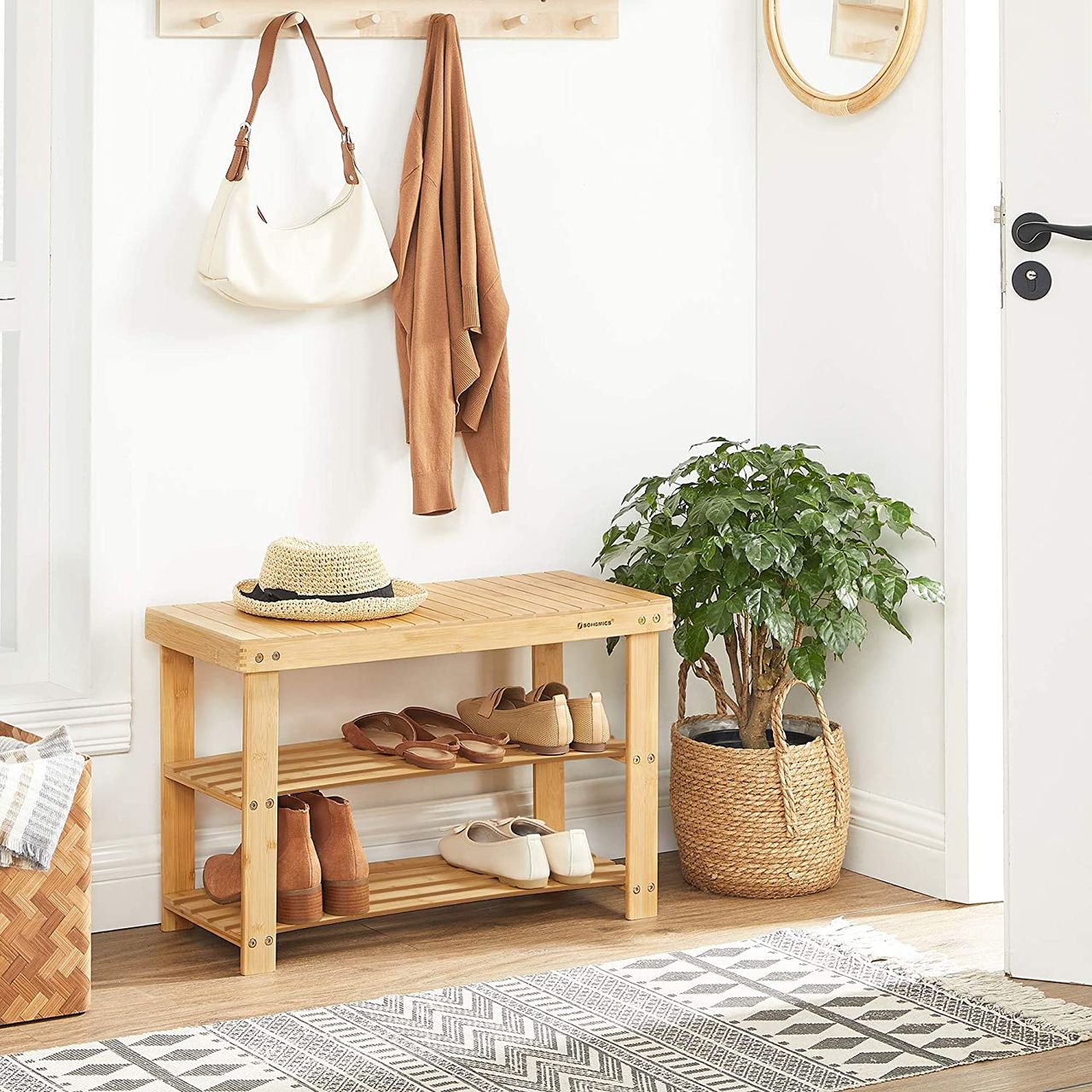 Songmics Bambus Schuhbank mit 3 Ablagen, 70 x 28 x 45 cm