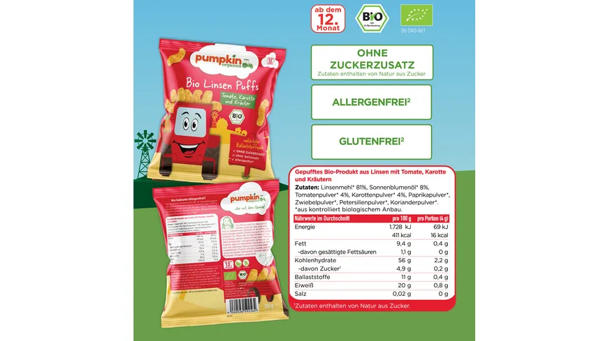 pumpkin organics Bio Linsen Puffs mit Tomate, Karotte & Kräutern 20 g