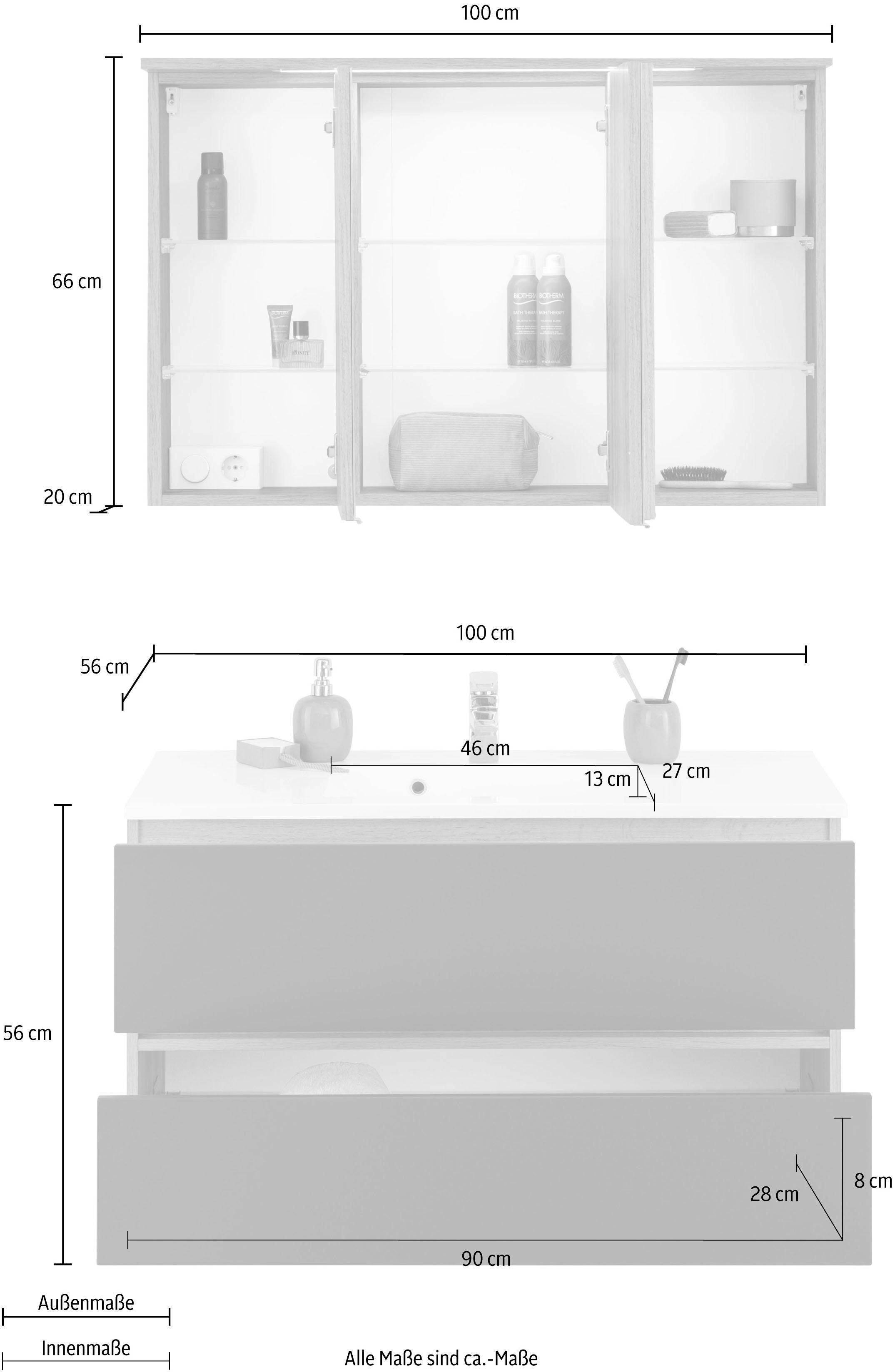 HELD MÖBEL Badmöbel-Set Lucca, (2-St), Breite 100 cm, mit direkter Beleuchtung