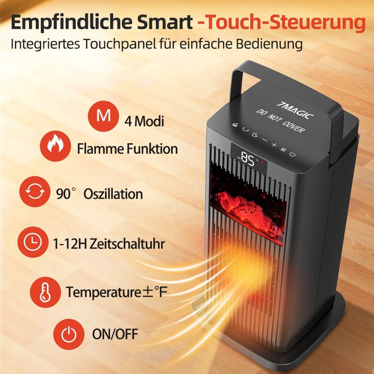 7Magic Heizlüfter Heizung Elektrisch PTC Keramik Heizlüfte Leise, 4 Modus 12-Std-Timer, 1500 W, Energiesparend Heizgerät mit Fernbedienung, Badezimmer Schlafzimmer
