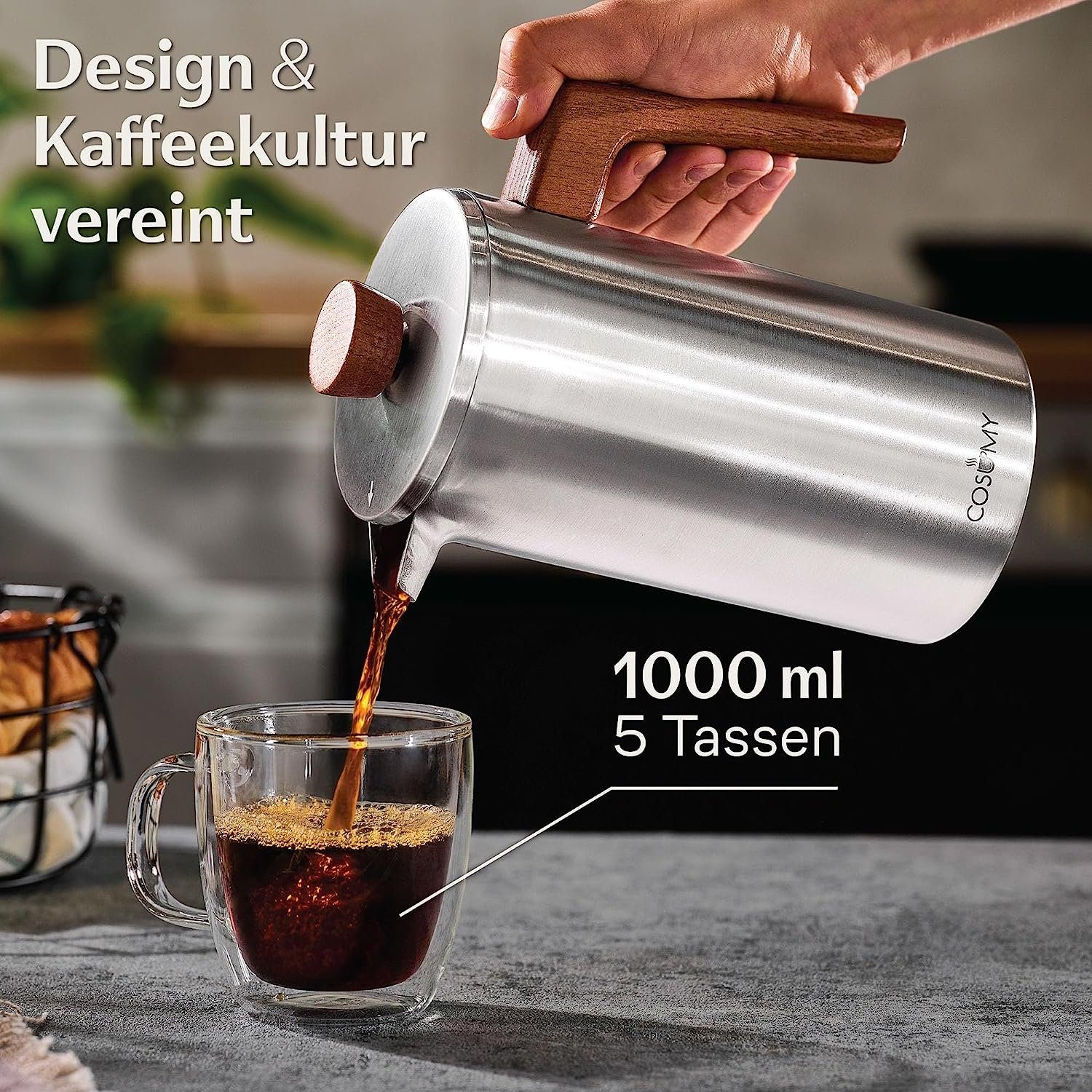 Cosumy French Press Kanne Edelstahl Kaffeekanne, Edelstahlfilter