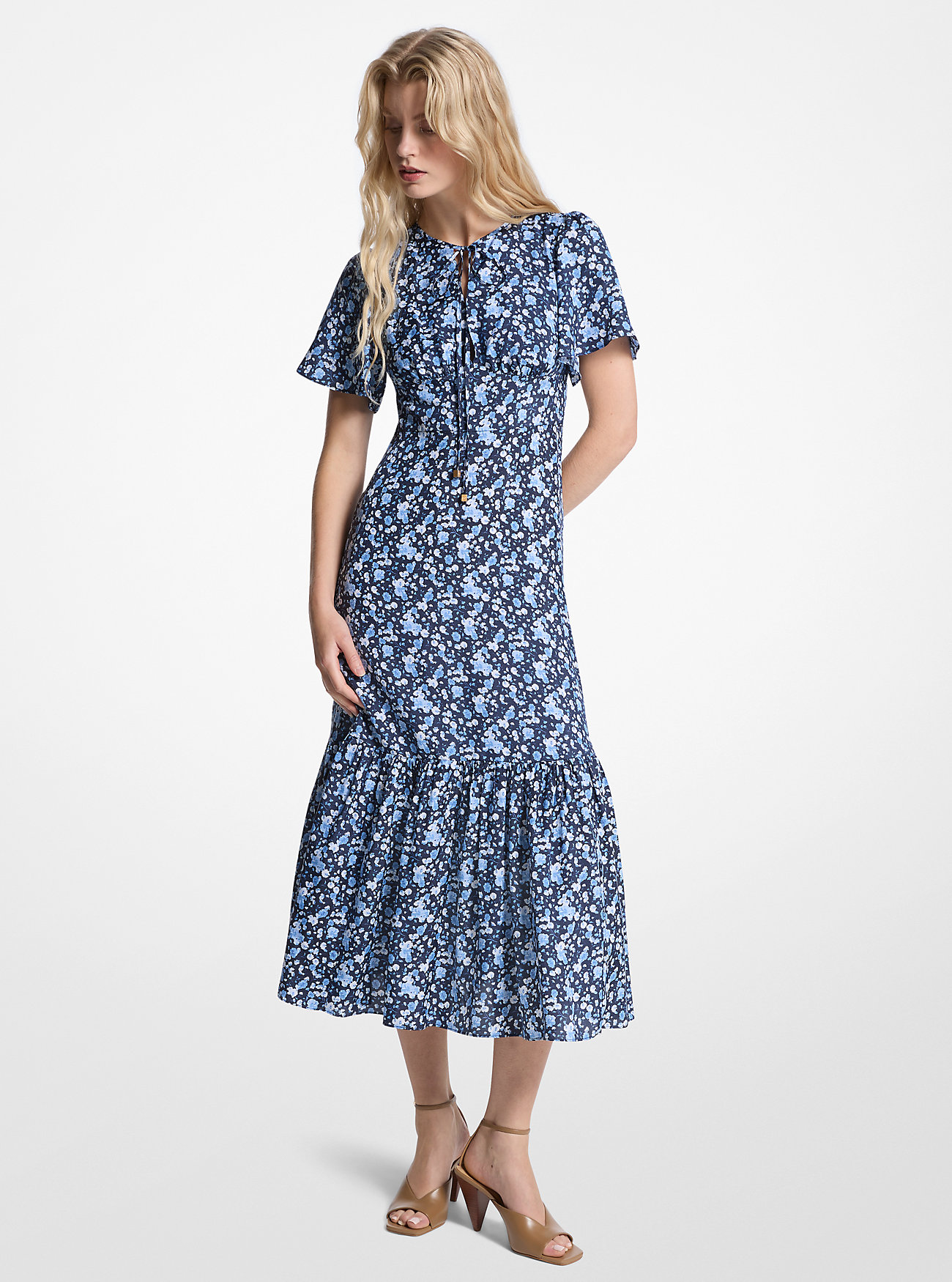Floral Print Viscose and Silk Blend Midi Dress - FRENCH BLUE
