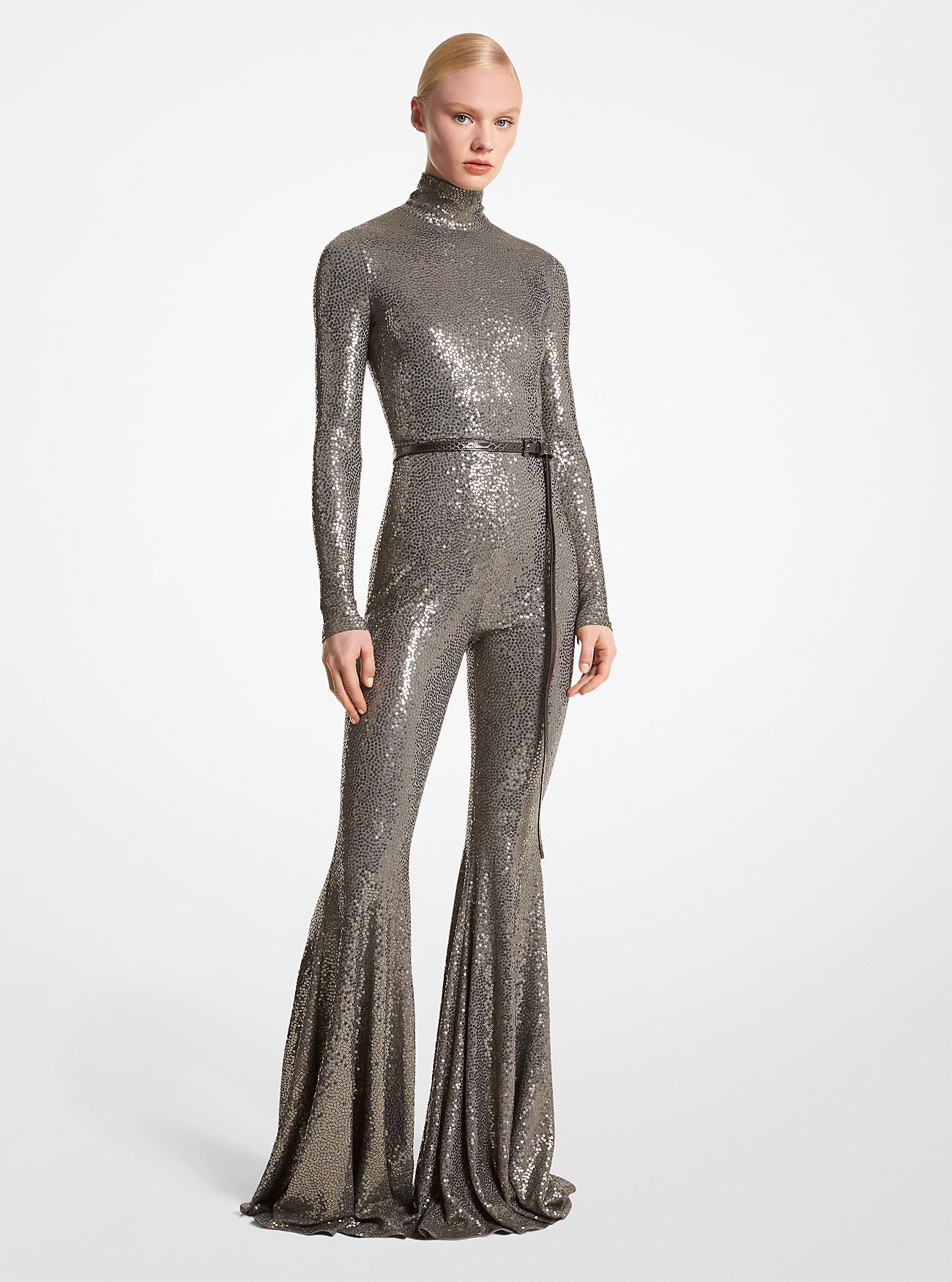 Håndbrodert paljett-stretchjersey-jumpsuit med utsving – SLATE