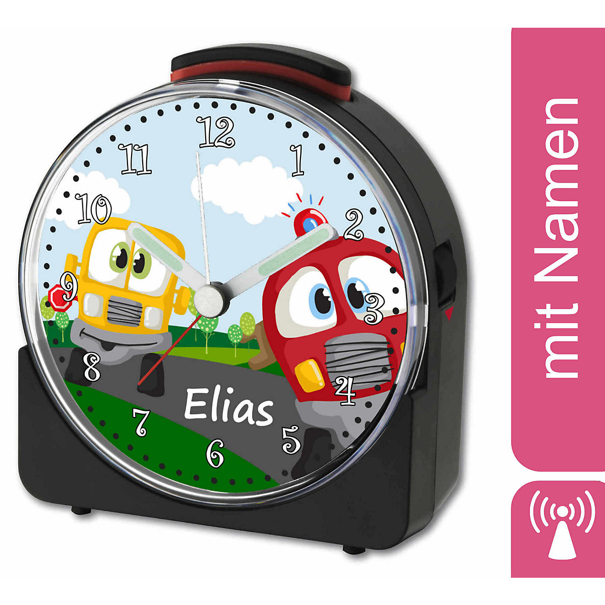 Kinder Funkwecker weiß personalisiert mit Namen Auto-Cartoon