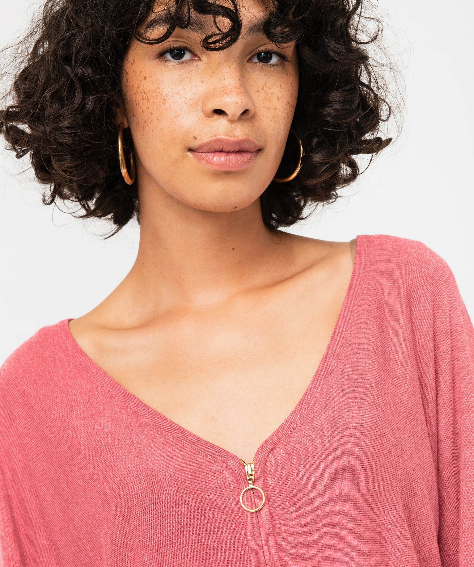 Pull col V zippé et manches chauve-souris femme rose | GEMO
