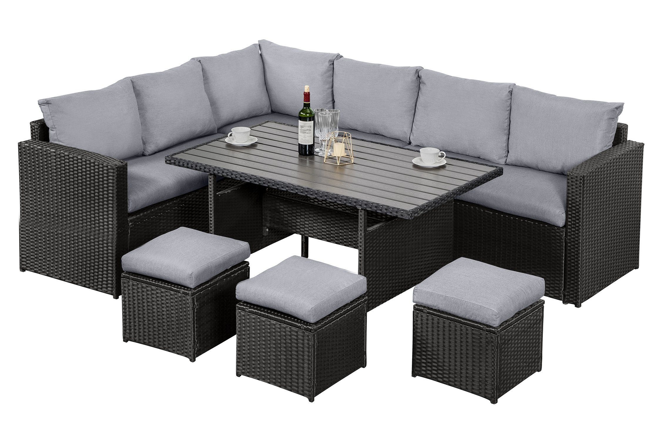 MeXo Gartenlounge-Set Polyrattan Gartenmöbel Set, (Terrassemöbel Set Lounge, 7-tlg., Ecksofa mit 3 x 2-Sitzer-Sofa, 3 Hocker, großer Esstisch 132x76x67 cm), Garten Essgruppe für 6-9 Personen
