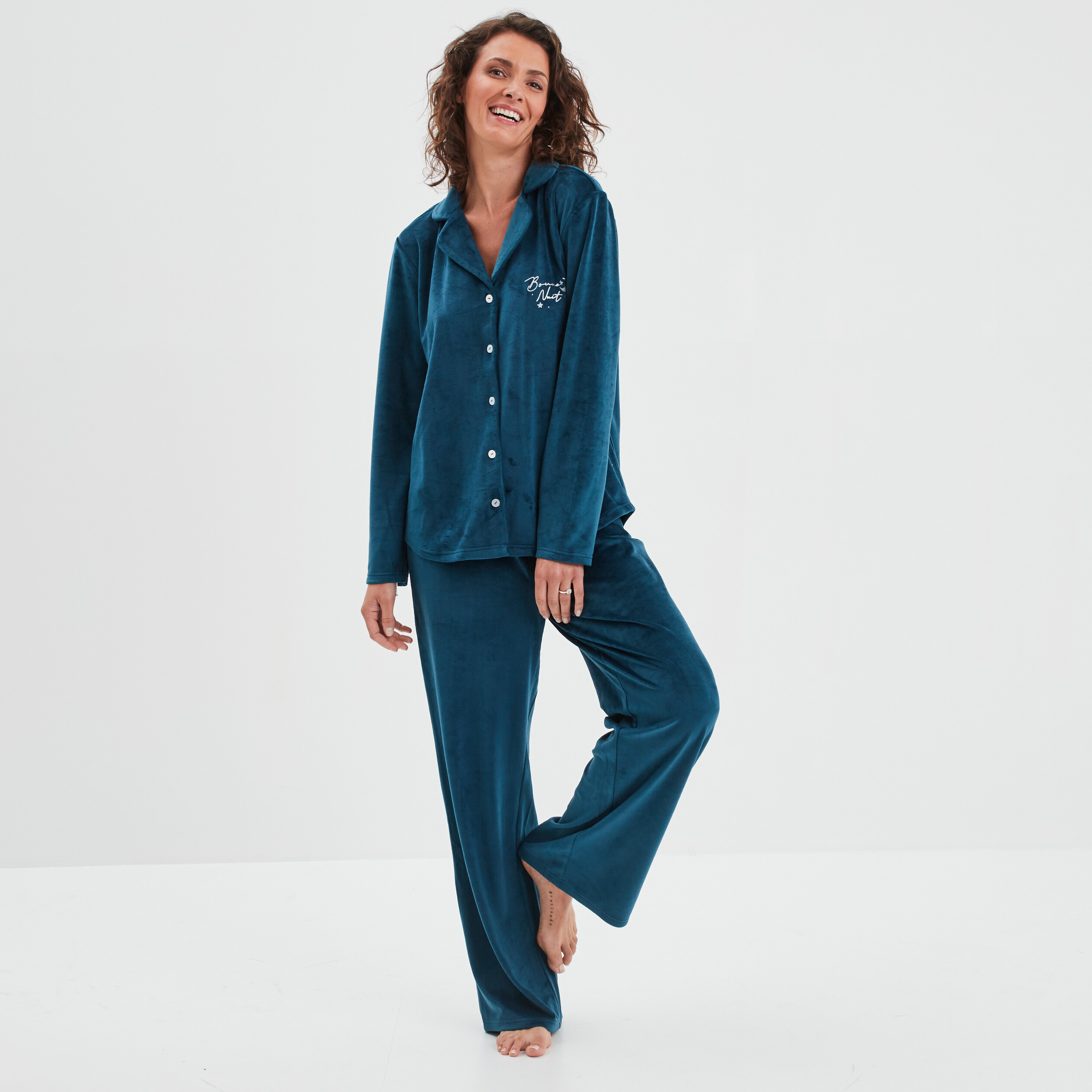 Ensemble pyjama chemise pantalon velours bleu canard femme | La Halle