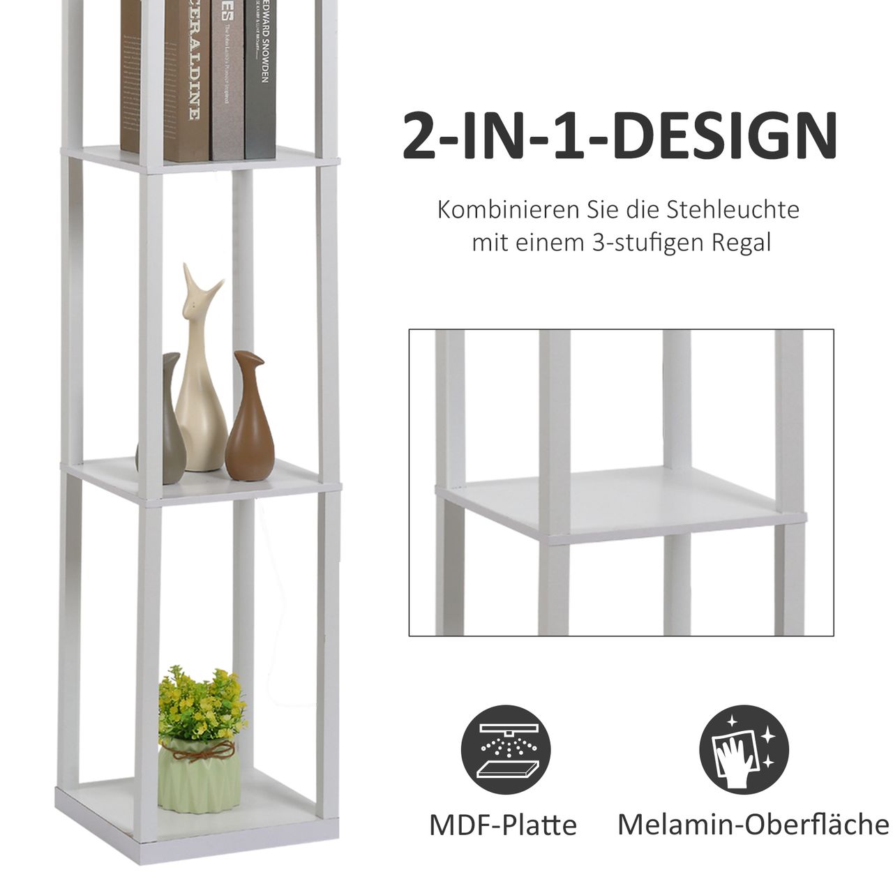 HOMCOM Stehleuchte Stehlampe mit 3 Regalen Innenbeleuchtung E27 bis 40W für Wohn-/Schlafzimmer E1-MDF, Acryl Weiß 26 x 26 x 160 cm
