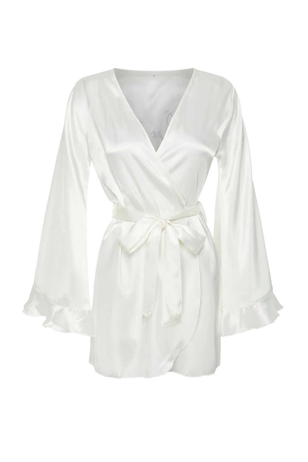 Trendyol Collection  Weißer Braut-Morgenmantel aus Satin mit Schwungrad und Stickerei auf der Rückseite, Geschenk-Morgenmantel aus Satin THMSS24SB00009