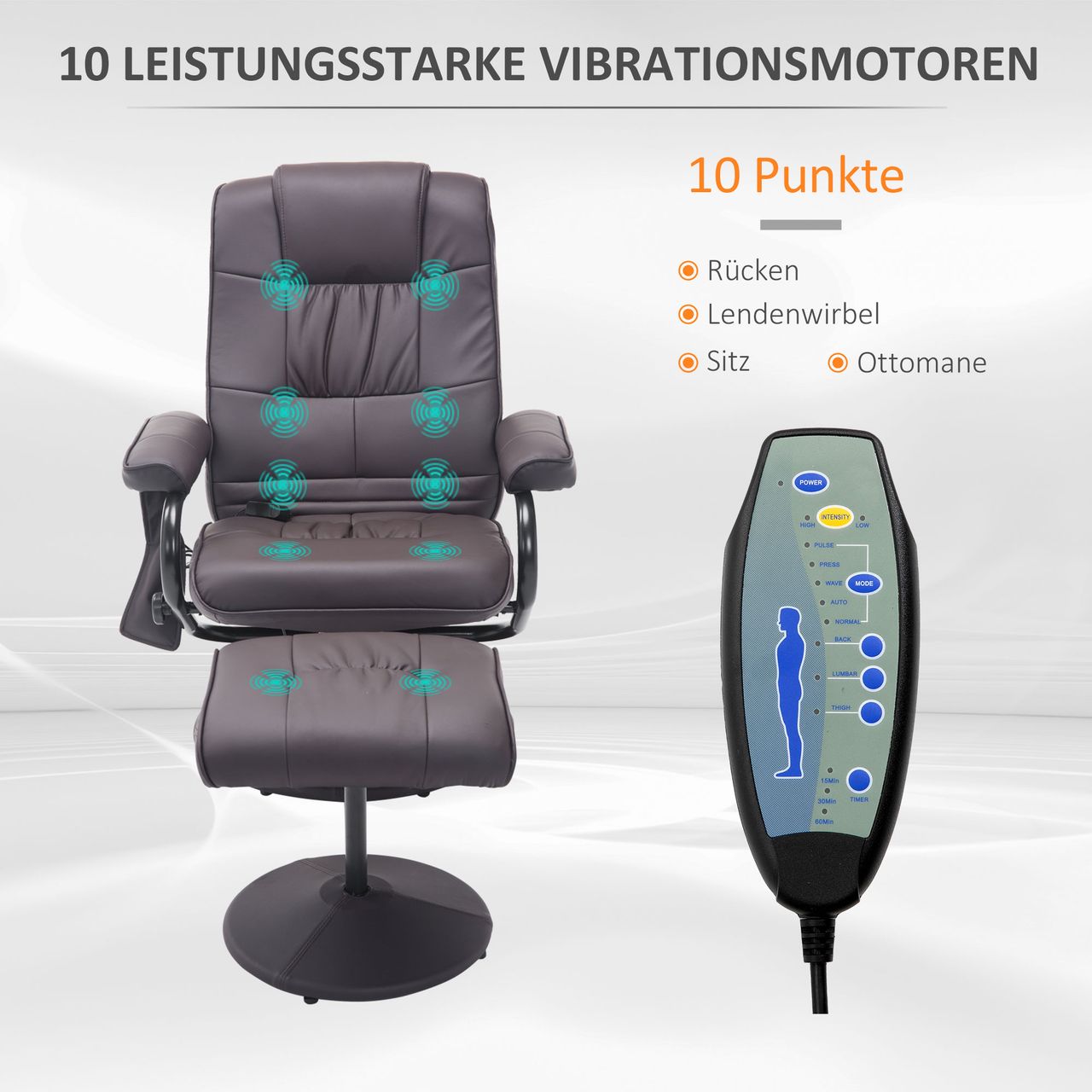 HOMCOM Massagesessel mit Hocker, Relaxsessel mit Liegefunktion, Massagefunktion