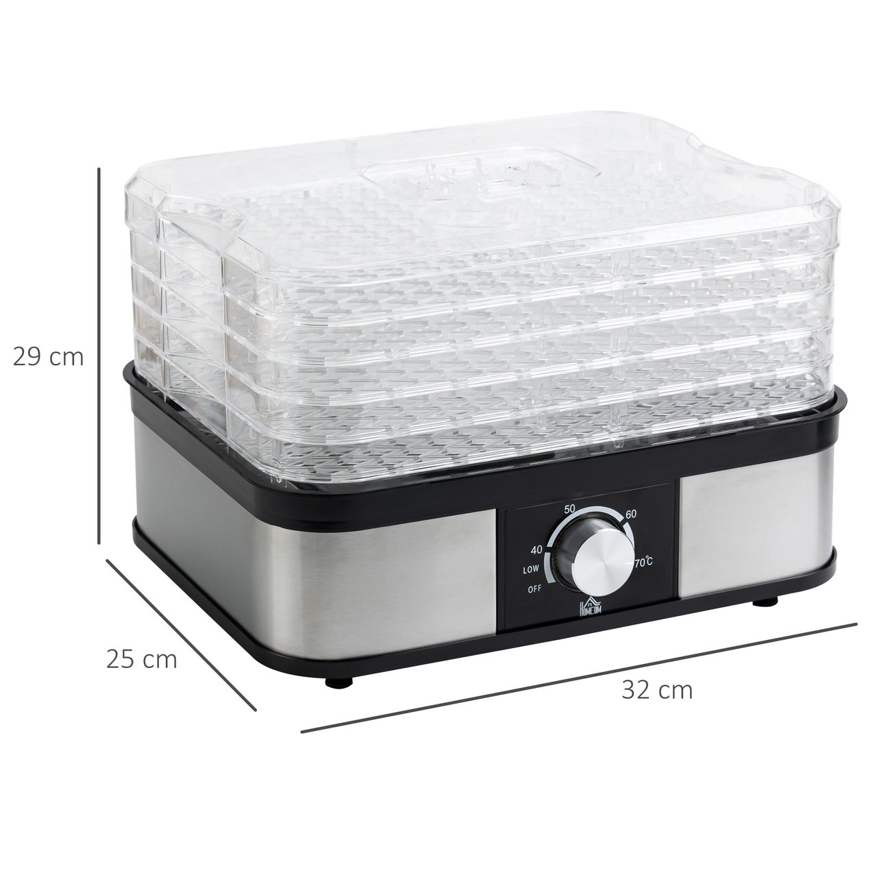 HOMCOM Dörrautomat Dörrgerät mit 5 Einlegefächer, 35-70°C, Obsttrockner Dehydrator für Fleisch Obst Haustier-Leckereien Edelstahl Silber Transparent 32 x 25 x 29cm