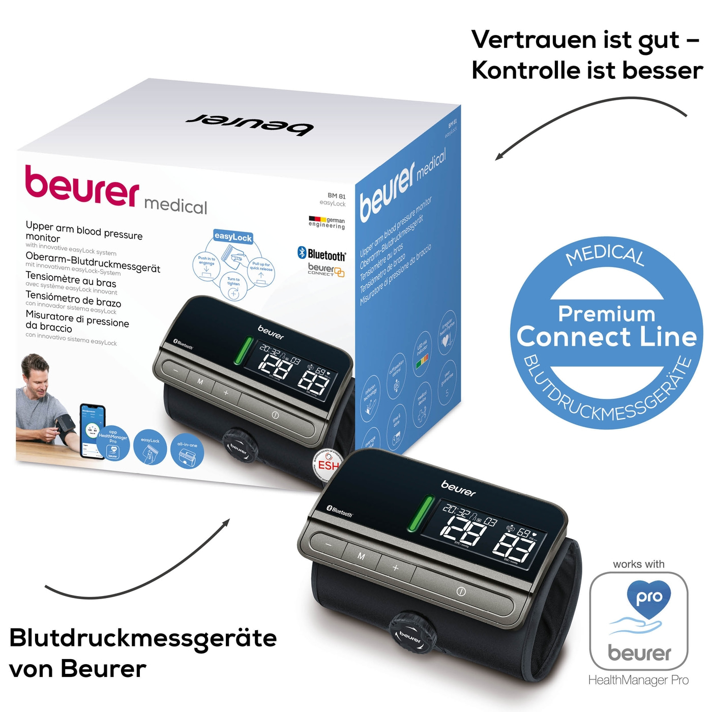 Beurer Blutdruckmessgerät BM 81 easyLock-Bluetooth® Oberarm-Blutdruckmessgerät mit Inflation-Technology & easyLock-Manschette