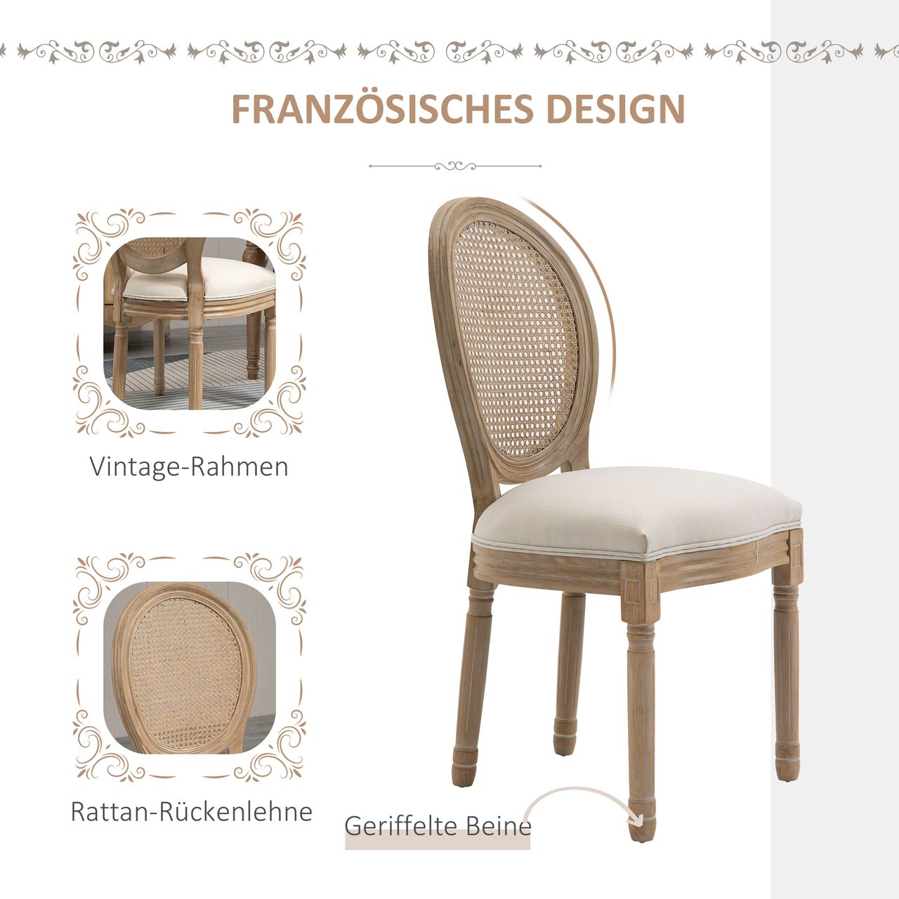 HOMCOM 2er Set Esszimmerstühle Küchenstuhl mit Rattan-Rückenlehne Linen-Touch