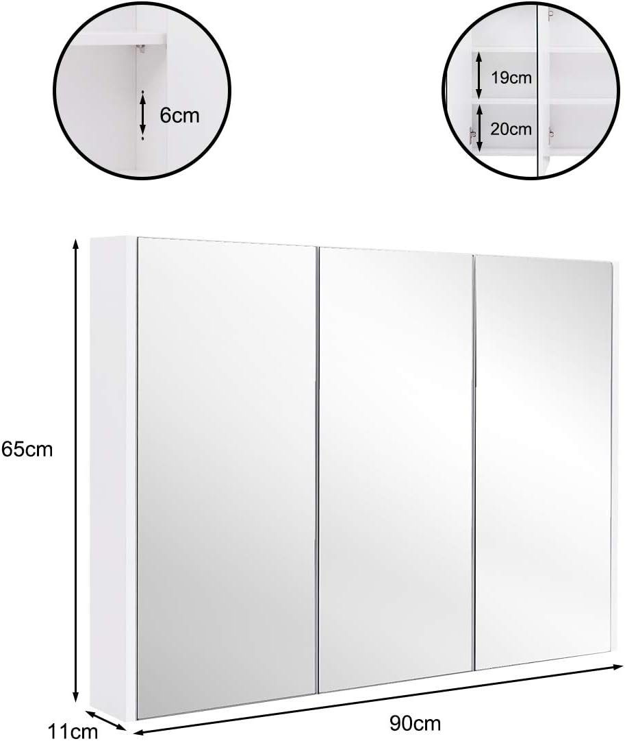 KOMFOTTEU Spiegelschrank mit 3 Türen mit Spiegel, 65 x 11 x 90 cm