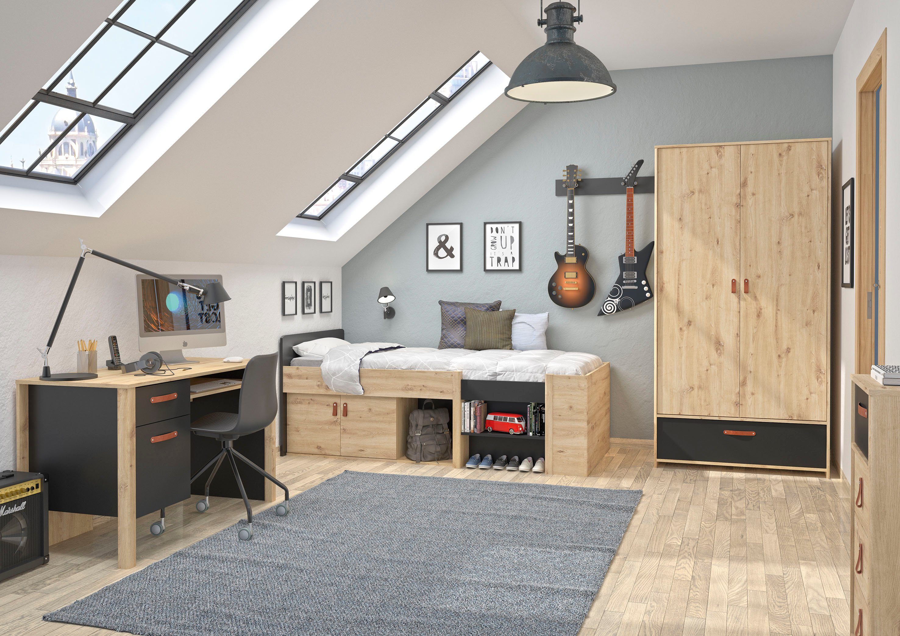 Gami Jugendzimmer-Set Arthus, (3-St., Funktionsbett, Kleiderschrank, Schreibtisch)
