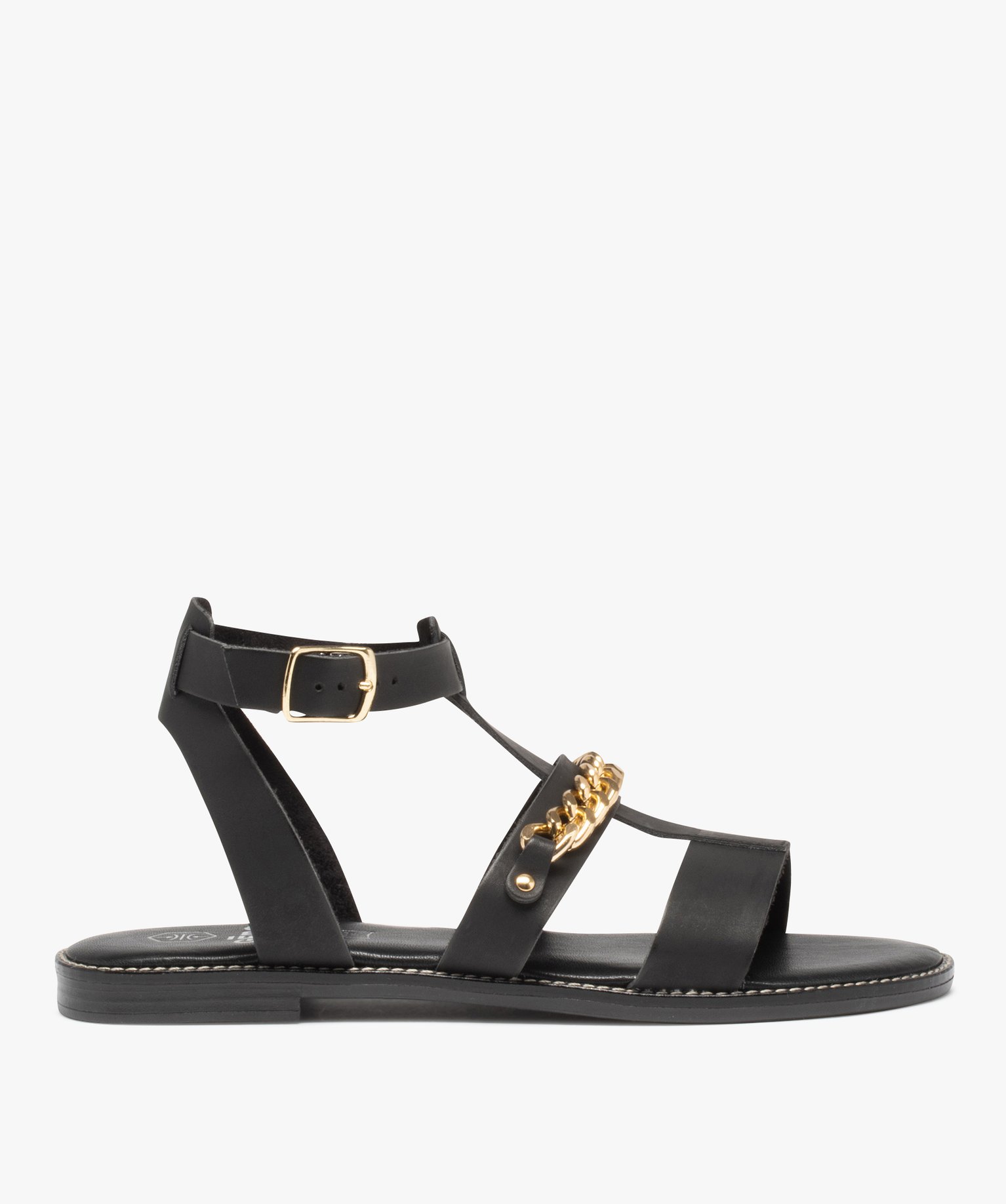 Sandales femme à talon plat et brides unies avec chane noir | GEMO