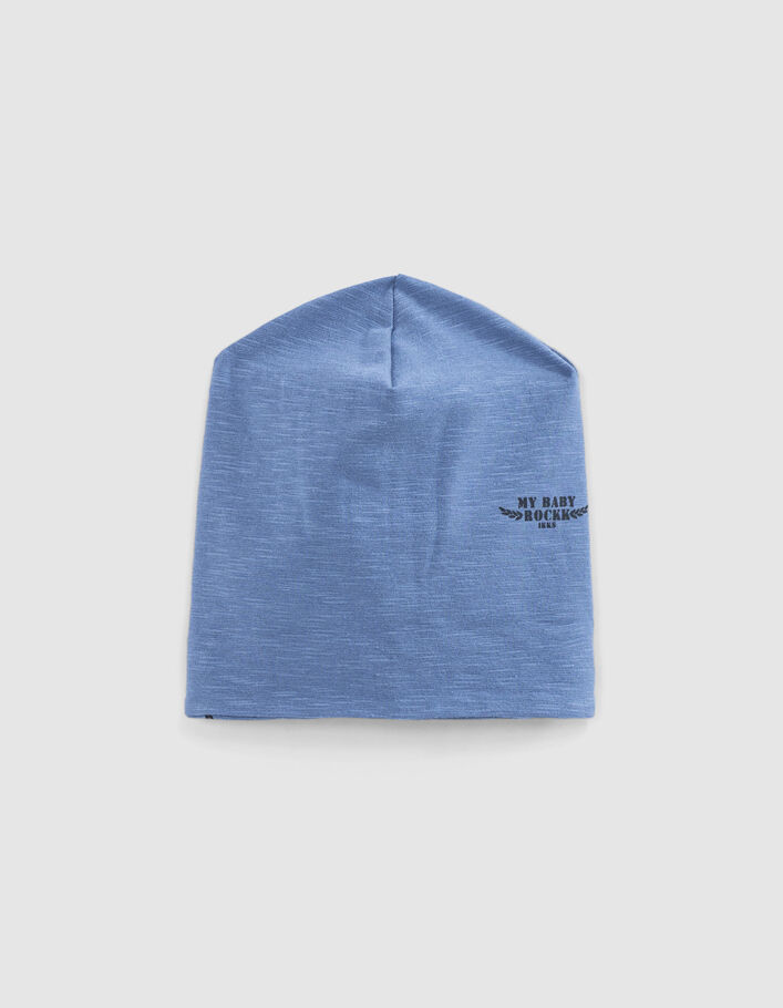Bonnet réversible bleu et imprimé rock coton bio bébé