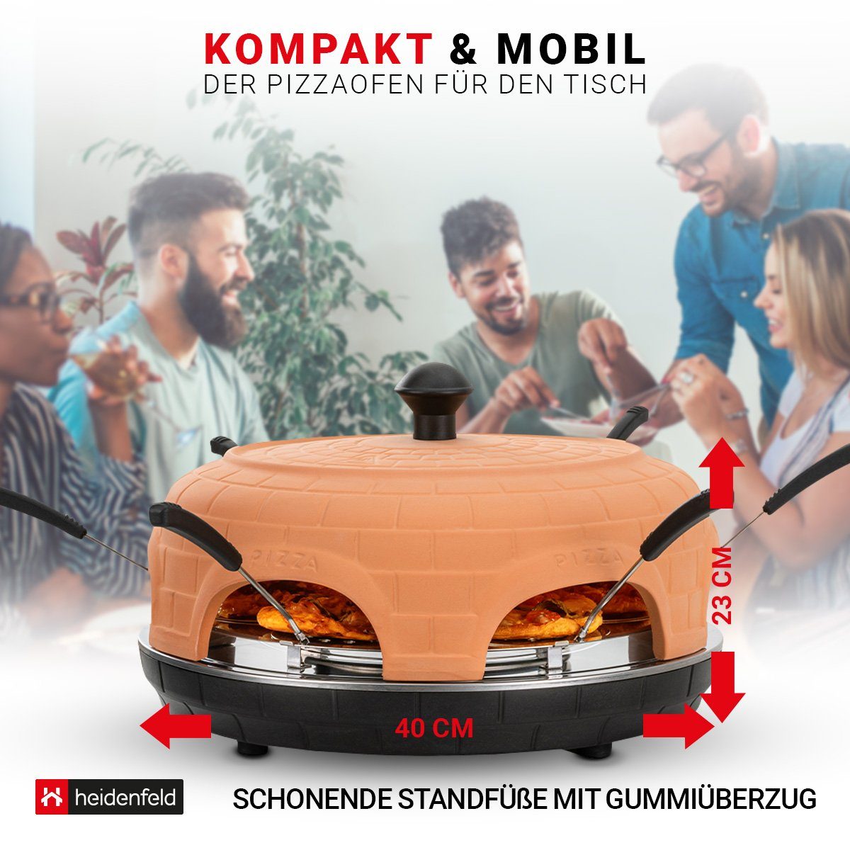 Heidenfeld Pizzaofen Mini Pizzaofen Pizzachef für 6 Personen inkl. Pizzaschieber Raclette, 1100 W Pizzamaker - Dual-M-Heizstab - Abdeckung Terracotta Pizza Ofen