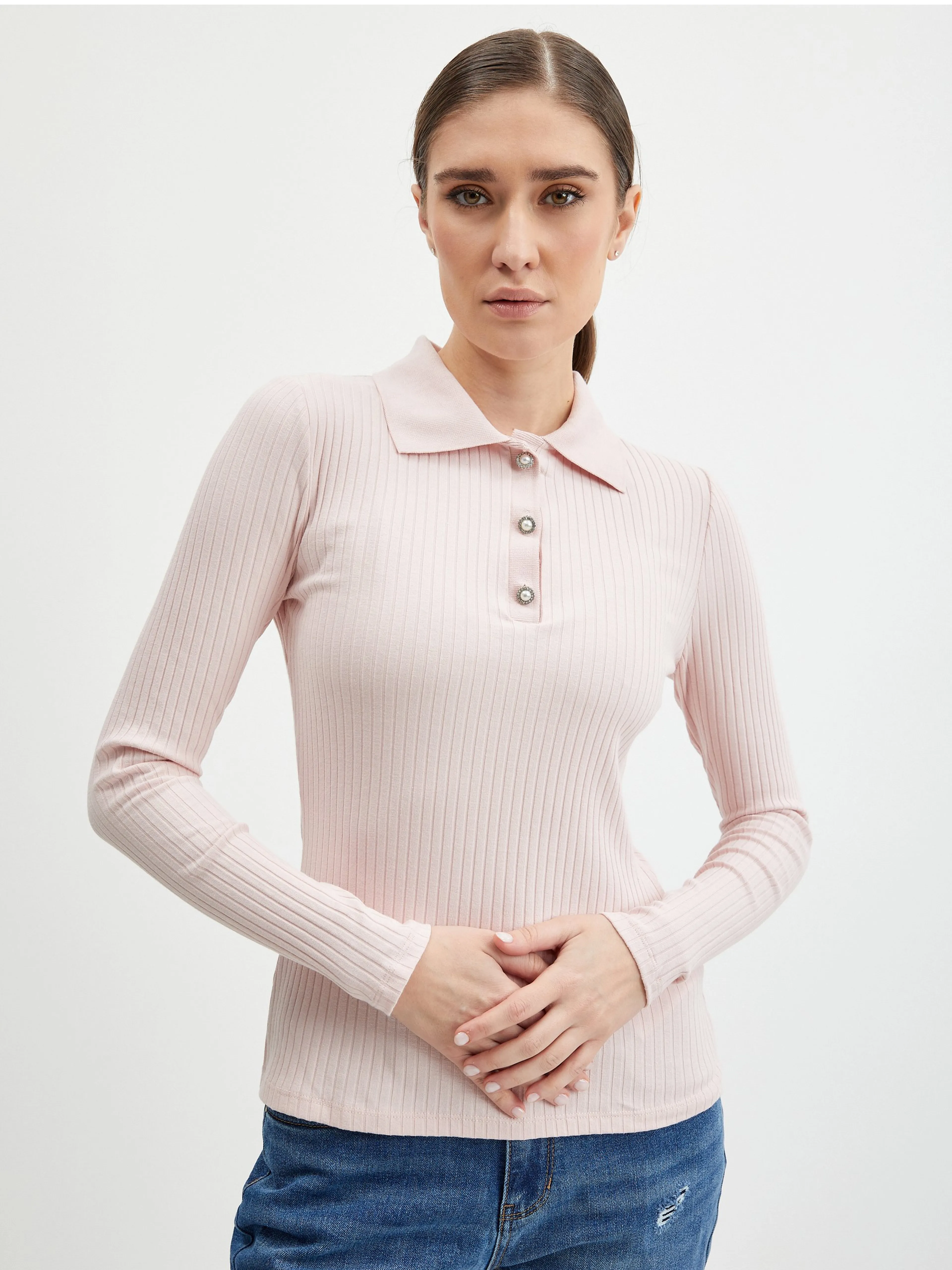 Apricotfarbenes geripptes Damen Poloshirt ORSAY