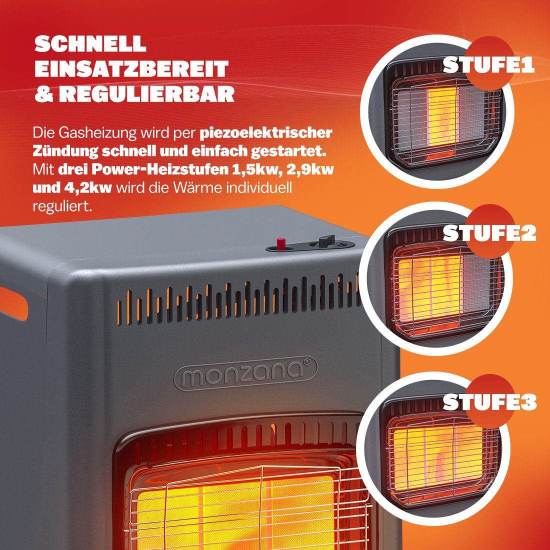 monzana Heizlüfter, Gasheizung 4200W Gasofen 3 Heizstufen 50cm Gasschlauch Heizlüfter