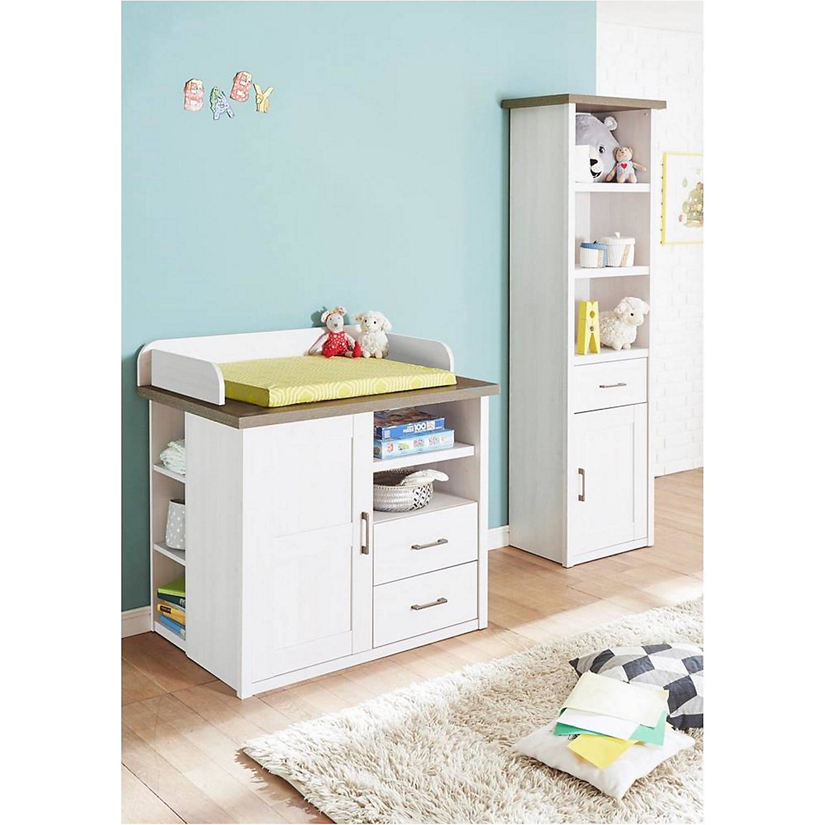 Babymöbel Set Landhausstil LUND-78 Pinie weiß Nb./Trüffel Eiche Nb.