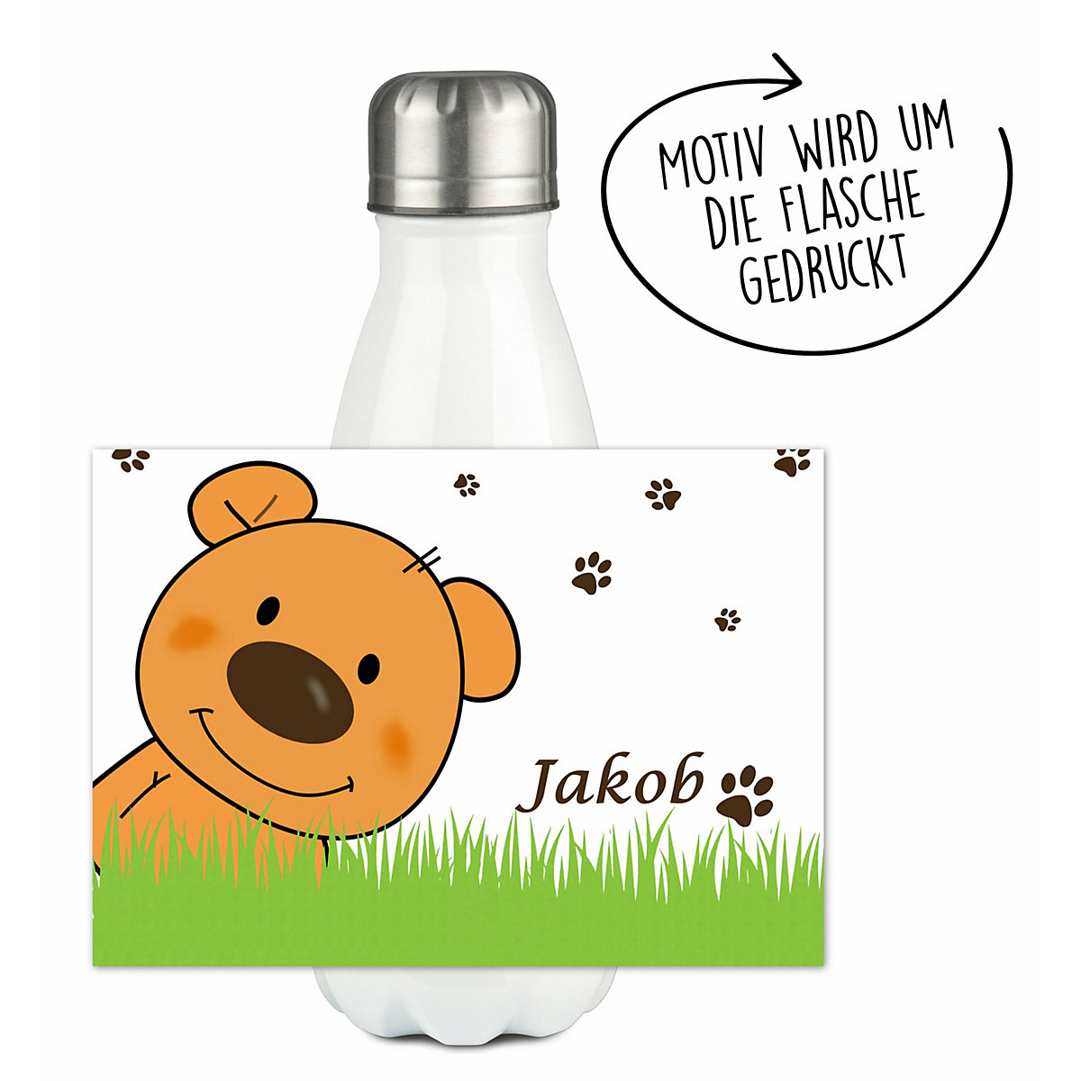 Edelstahl Kinder Thermoflasche / Trinkflasche bunt Teddy Bär-Graß Spülmaschinenfest, Auslaufsicher, Bruchfest, Doppelwandig, Für Heißgetränke geeignet, Mit Deckel, Isoliert
