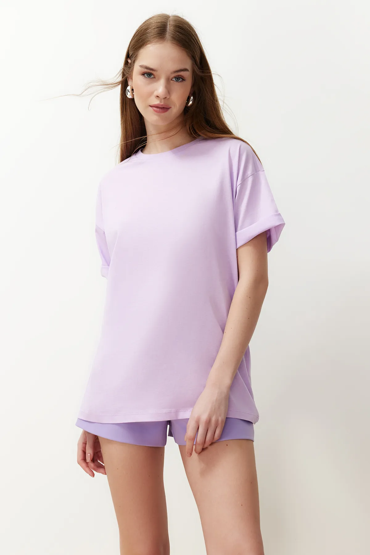 Trendyol Collection  Lila, 100 % Baumwolle, Oversize/Weitform, Rundhals-Strick-T-Shirt TWOSS20TS0134
