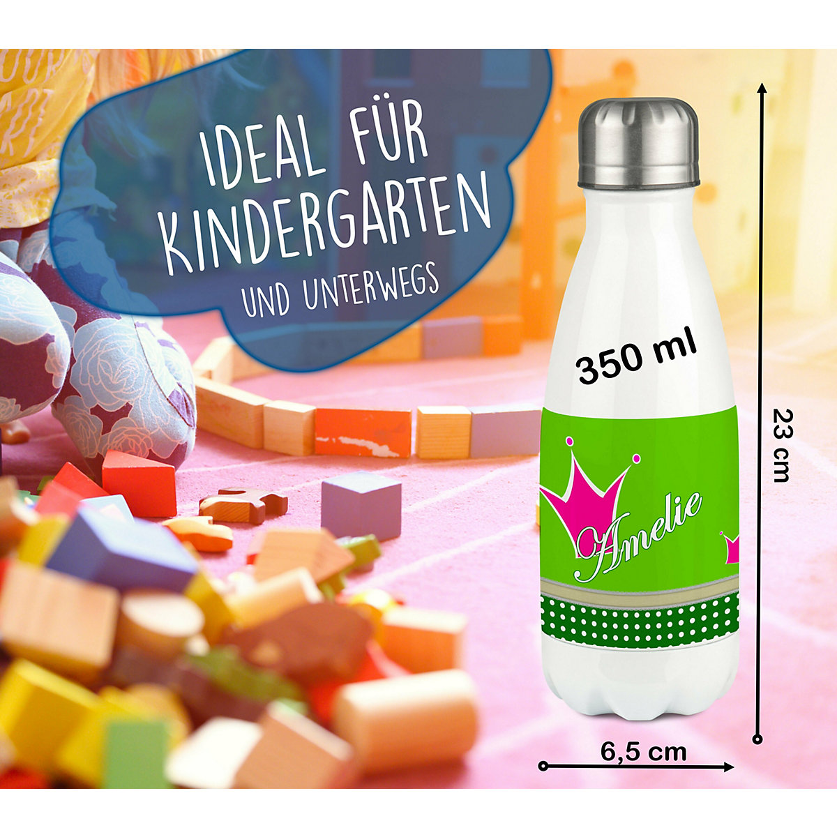 Edelstahl Kinder Thermoflasche / Trinkflasche bunt Krone Farbe pink apfelgrün Spülmaschinenfest, Auslaufsicher, Bruchfest, Doppelwandig, Für Heißgetränke geeignet, Mit Deckel, Isoliert