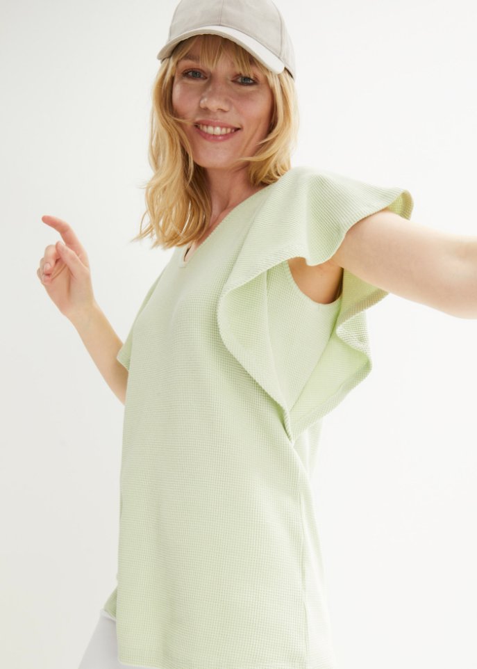 Shirt aus Waffeljersey mit Flügelärmel