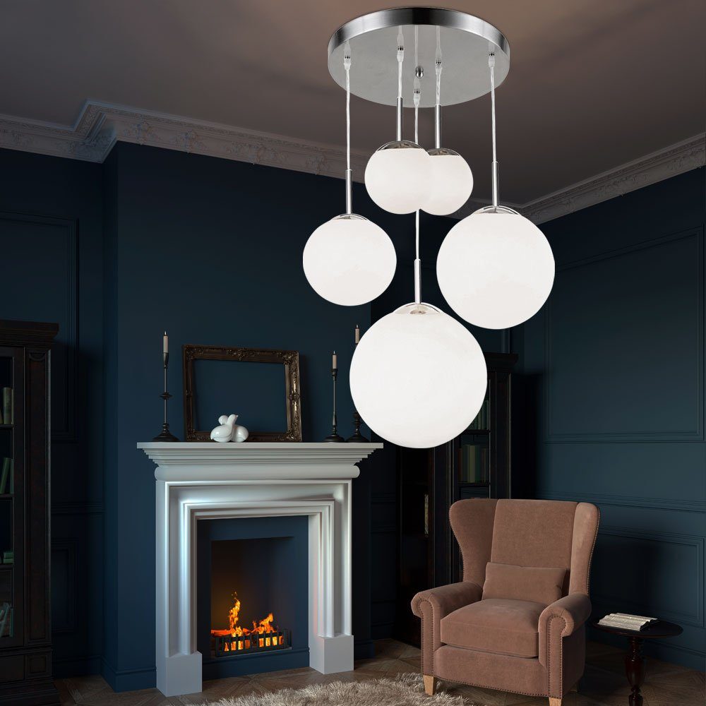 Globo Kugelleuchte, Leuchtmittel nicht inklusive, Hängeleuchte Wohnzimmerlampe 5-flammig Glas Schirm Kugel silber H 90cm
