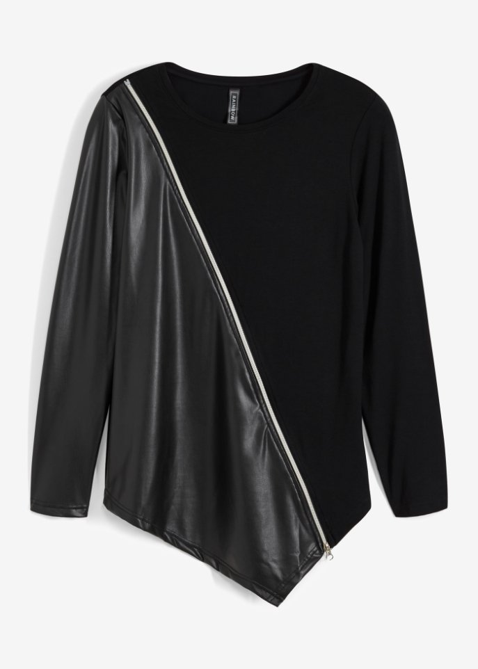 Asymmetrisches Langarmshirt mit Lederimitateinsatz